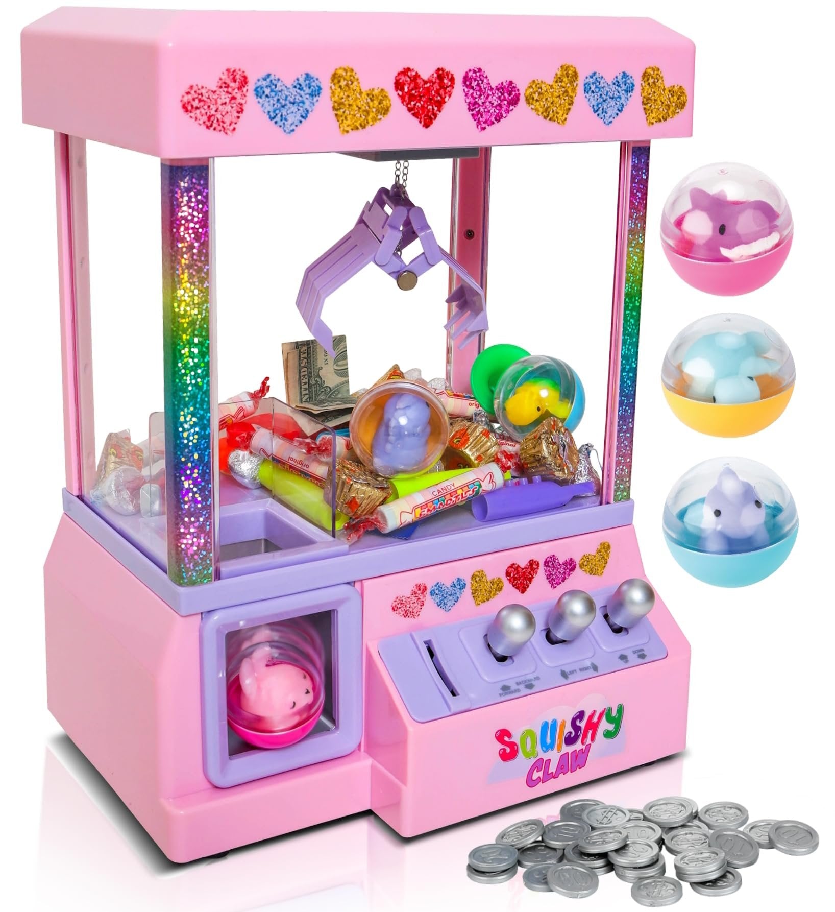Bundaloo Squishy Claw Machine Arcade Game Candy Grabber Prize Dispenser with 3 Squishy Toys and Reusable Capsules