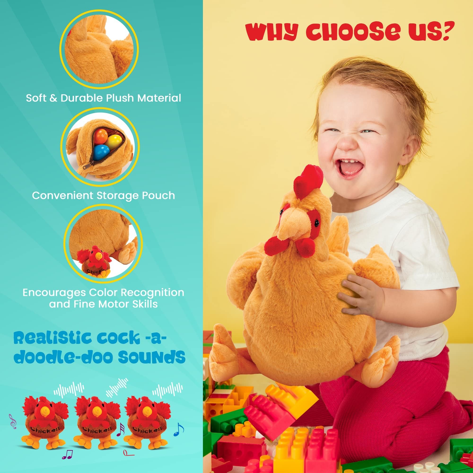 Bundaloo Plush Mother Chicken Hen and Baby Chicks with 3 Colorful Plastic Eggs Playset with Sound and Storage Pouch