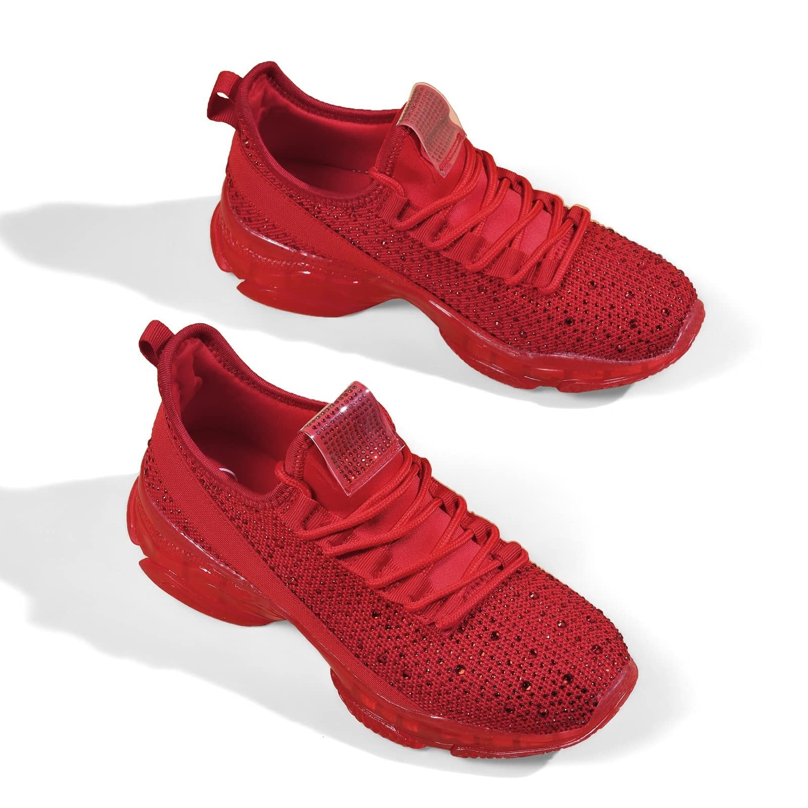 Women's Fashion Rhinestone Mesh Knit Slip On Sneaker Breathable Glitter Walking Shoes(Red,9)