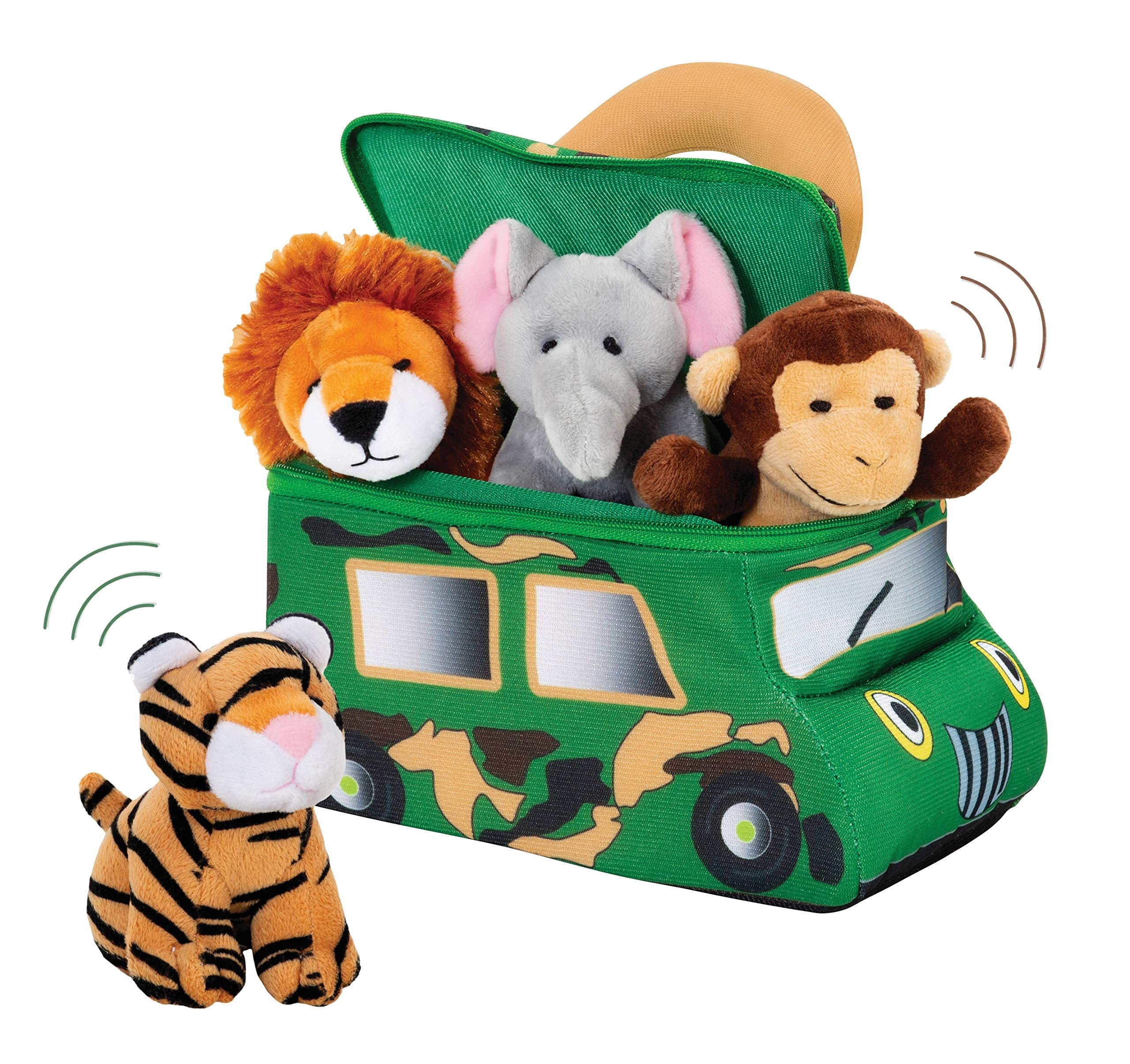 Bundaloo Plush Jungle Animals Set with Realistic Sound - Soft Stuffed Animal Toys with Safari Truck Carrier - Mini Tiger, Lion, Monkey, and Elephant