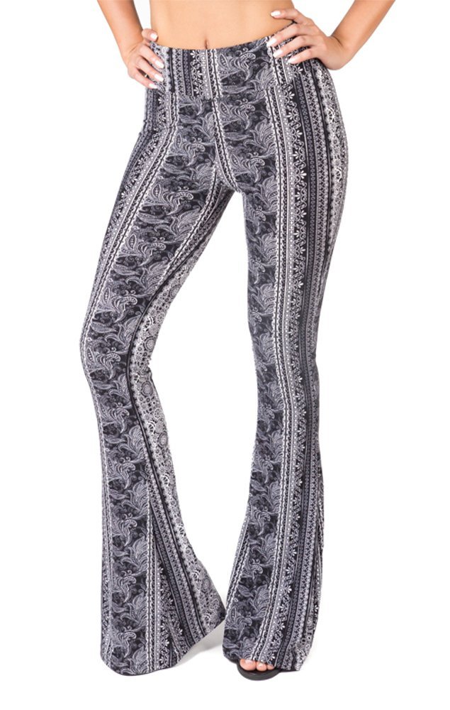 SATINA Womens High Waisted Flare Wide Leg Leggings, Printed & Solid, Reg & Plus, 04 Leafy Black, Medium