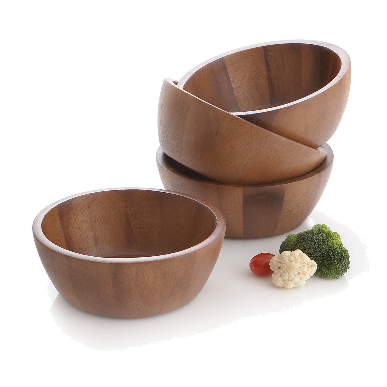 Woodard & Charles Set of 4 Acacia Wood Individual Serving Bowls For Salads, Fruits, Snacks, Nuts, Candy, 6 1/2" x 2 1/2"
