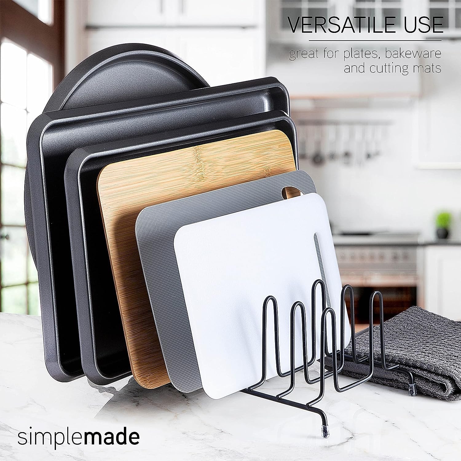 SIMPLEMADE Kitchen Dish Rack Organizer - 2 Wire Metal Cabinet Organizers and Storage Rack for Plates, Dishes, Pots, Pot Lids, Pan Lids, Container Lids - Shelf, Counter & Pantry Organization (Black)