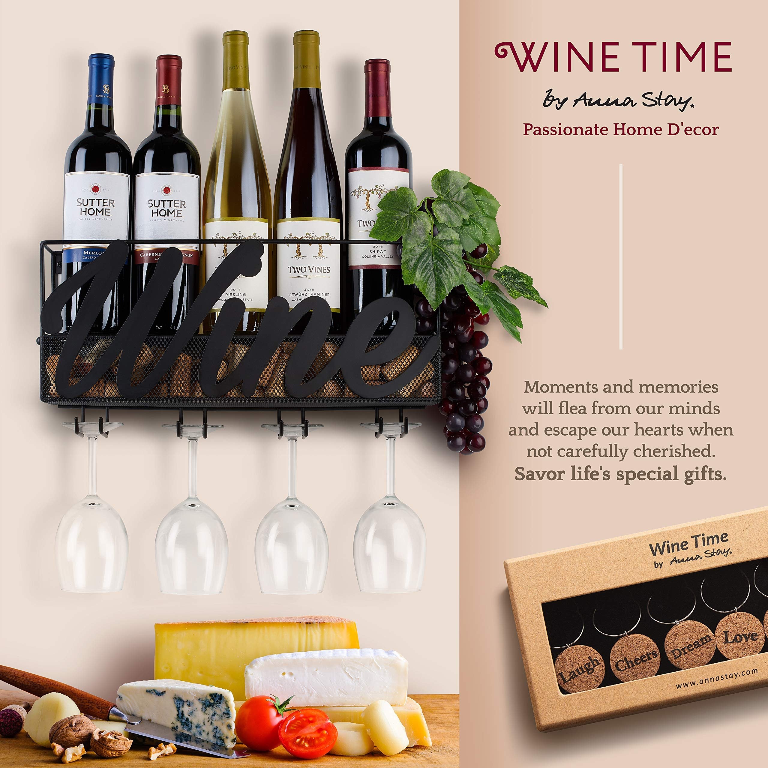 Wall Mounted Wine Rack - Bottle & Glass Holder - Cork Storage - Store Red, White, Champagne - Comes with 6 Cork Wine Charms - Home & Kitchen DΓ©cor - Designed by Anna Stay, Wine