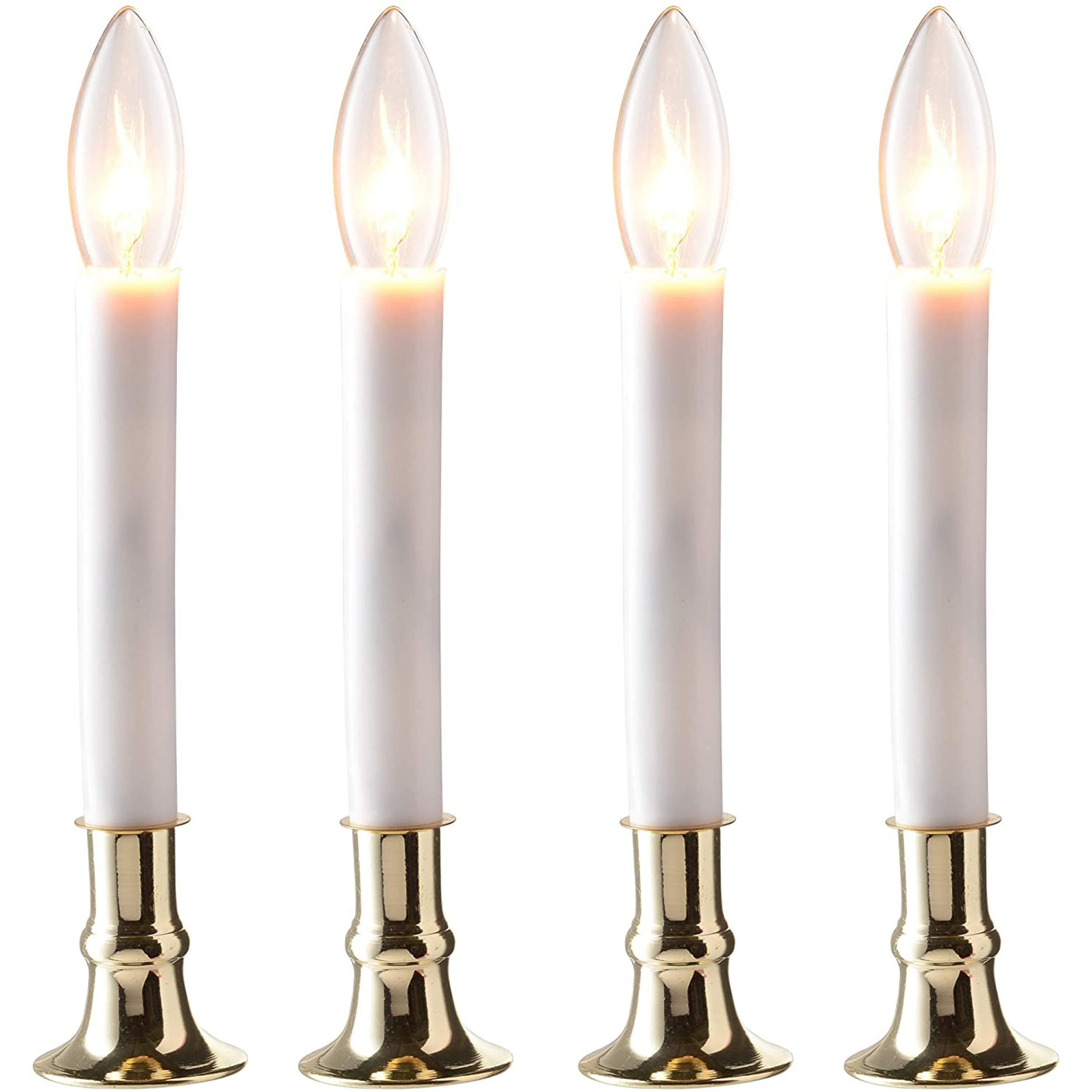 PREXTEX Christmas Candles - Set of 4 Brass Plated Window Candles with Sensor Dusk to Dawn - Candle Set for Home & Kitchen w/Automatic On/Off Sensor, Christmas Lights, Candle Lamp, Party Lights