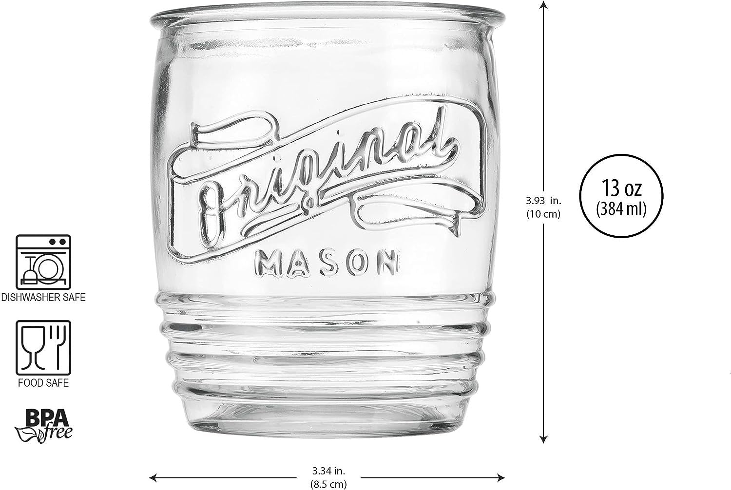 Glaver's Drinking Glasses Set of 4 Original Mason Whiskey 13 Oz Genuine Artisan-Made Vintage Italian Tumbler Glassware Set for Refreshing Drinks, Beverages, Iced Tea