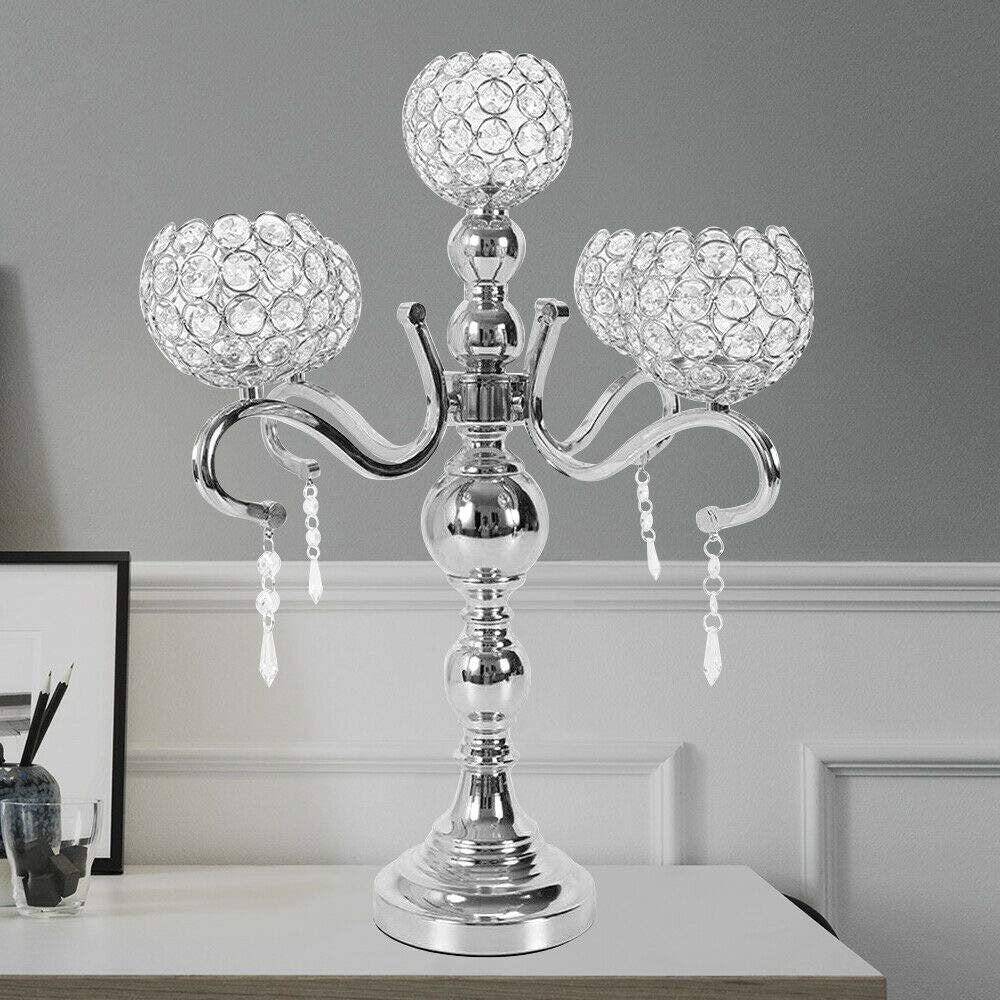5 Arm Crystal Candelabra Candle Holder, 22inch Tall Silver Candle Holder Centerpiece Elegant Decorative Bowl Tealight Candlestick Holder for Wedding, Dining Room Table, Home Decor