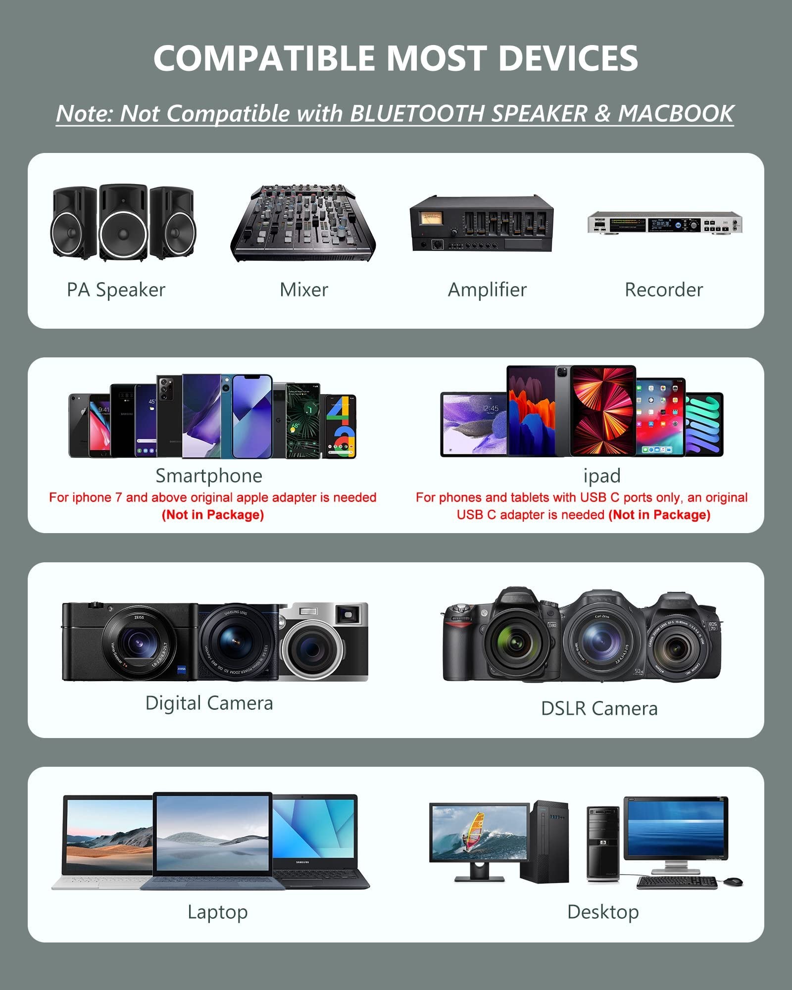 Wireless Microphone System Headset Mic/Stand Mic/Lavalier Lapel Mic with Rechargeable Bodypack Transmitter & Receiver 1/4" Output for iPhone, PA Speaker, DSLR Camera, Recording, Teaching, Church, Vlog