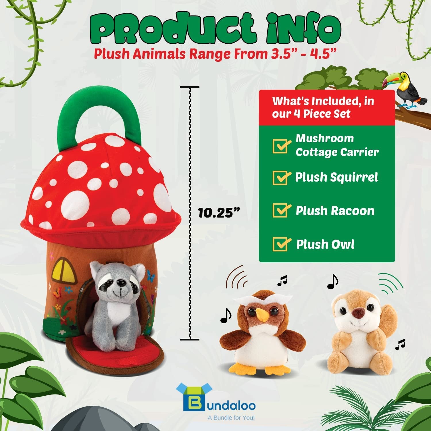 Bundaloo Plush Forest Animal Toys with Sounds - Plushie Play Set with Cute Talking Forest Animals in a Mushroom Cottage Carrier