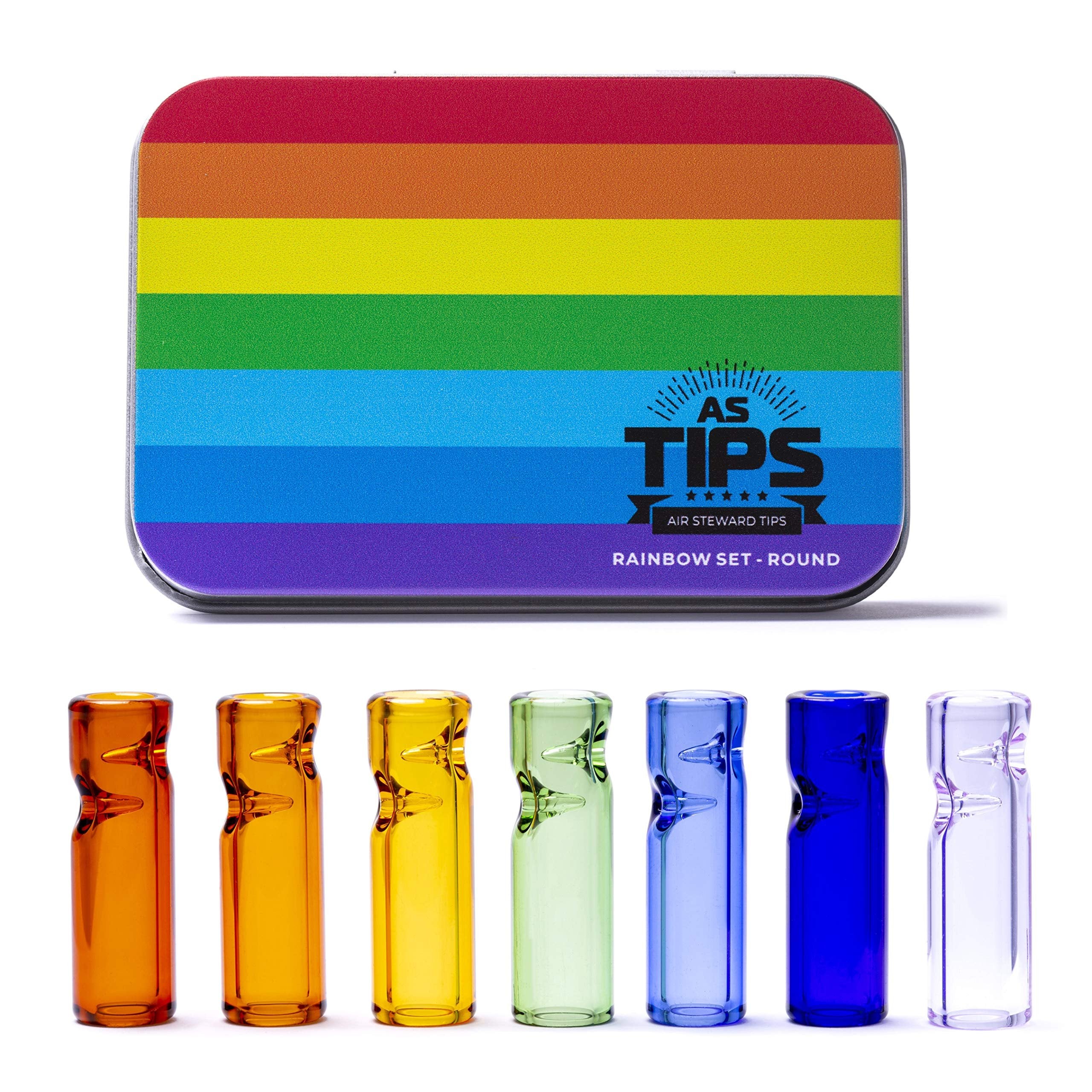 Air Steward Tips - Premium Quality Glass Cigarette Rolling Filter Tips - Rainbow Set - Pack of 7 (8x25mm-Round Mouth)