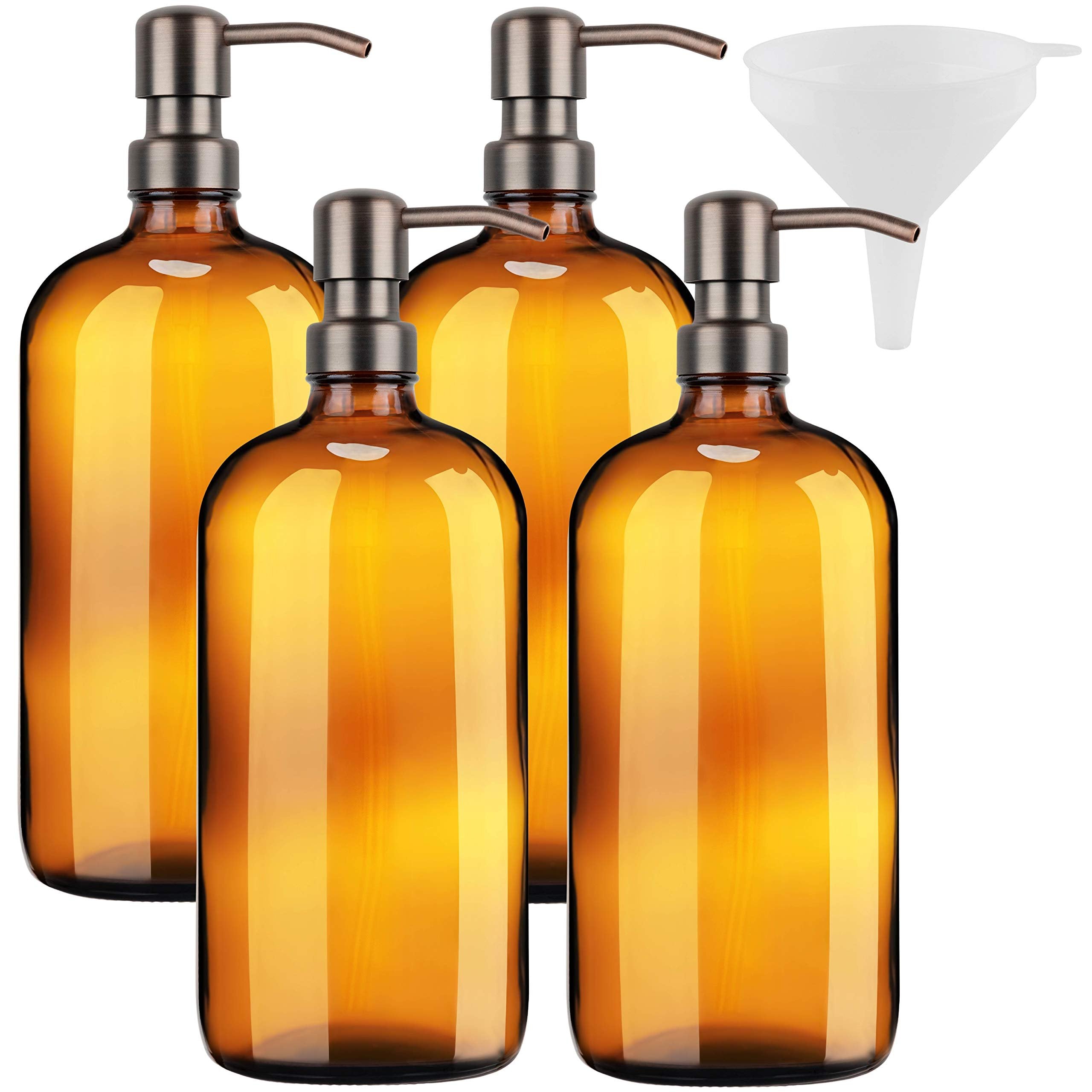 Kitchentoolz Large Pump Bottle - 32 Ounce Glass Shampoo and Soap Dispenser - Amber