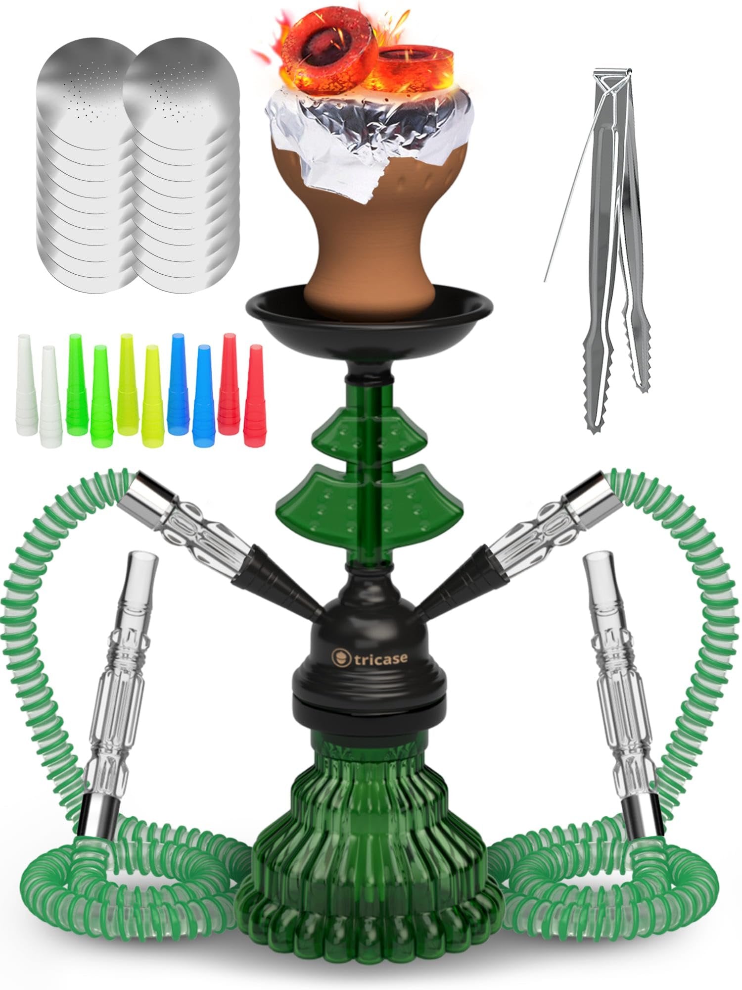 Green Hookah Set 2 Hose Hookah - LilOne 12” Green Mini Hookah Combo Kit Shisha Hookah Set with Prepunched Foil Hookas Bowl Disposable Tips Mouthpiece Tongs Portable Hookah Pipe - Hookah Machines