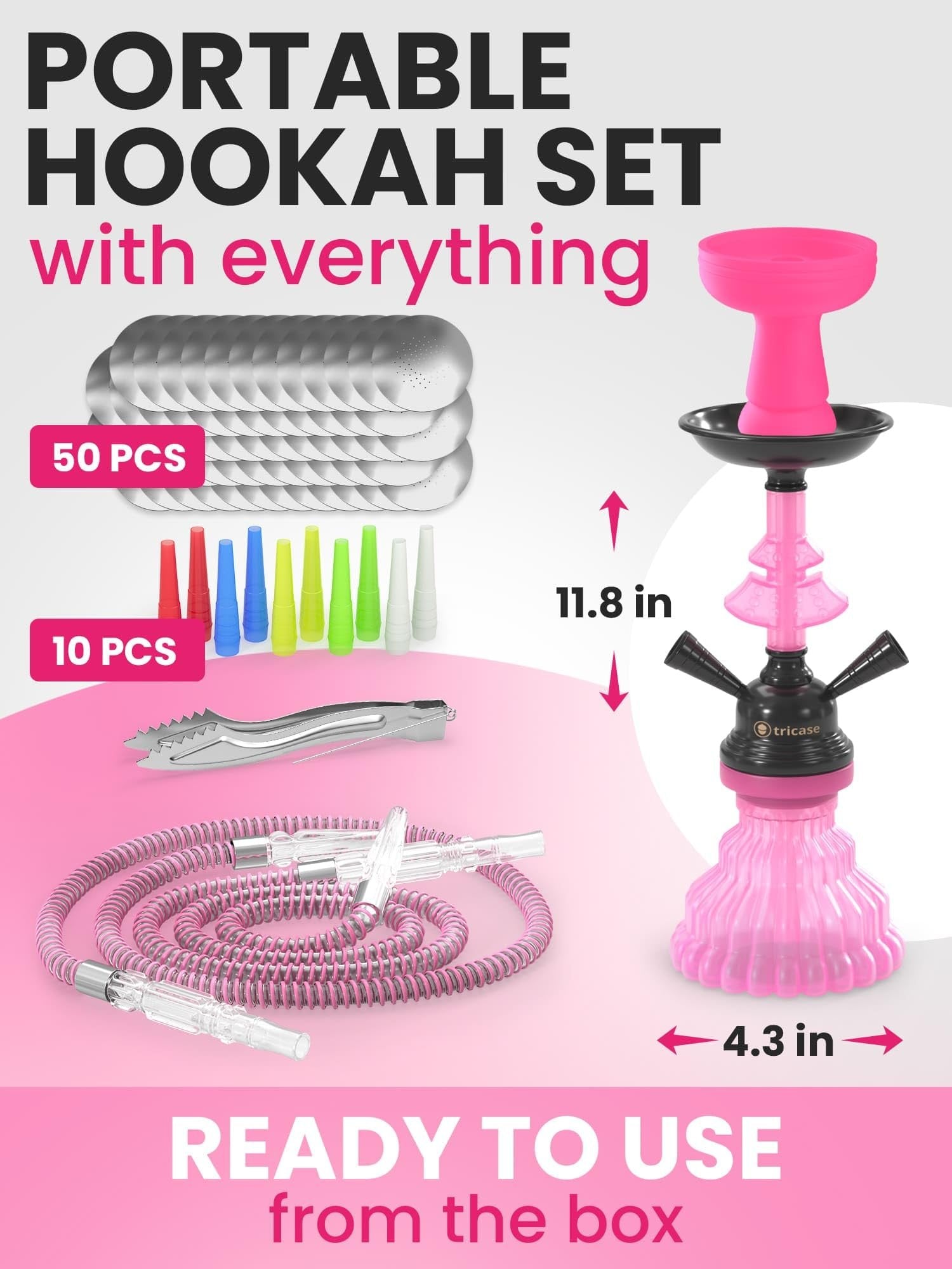 Hookah set with everything - Hookah Set 2 Hose Hookah - LilOne 12” Black Mini Hookah 2 Hose Hookah Set with 50x Foil Big Silicone Bowl 10x Tips 2x Mouthpiece 2x Hookah Hose Tongs - Hookah Kit
