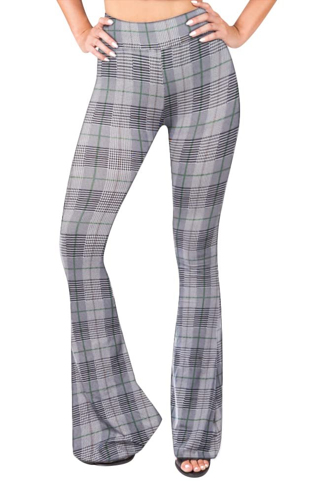 SATINA Womens High Waisted Flare Wide Leg Leggings, Printed & Solid, Reg & Plus, 10 Grey Plaid, Small