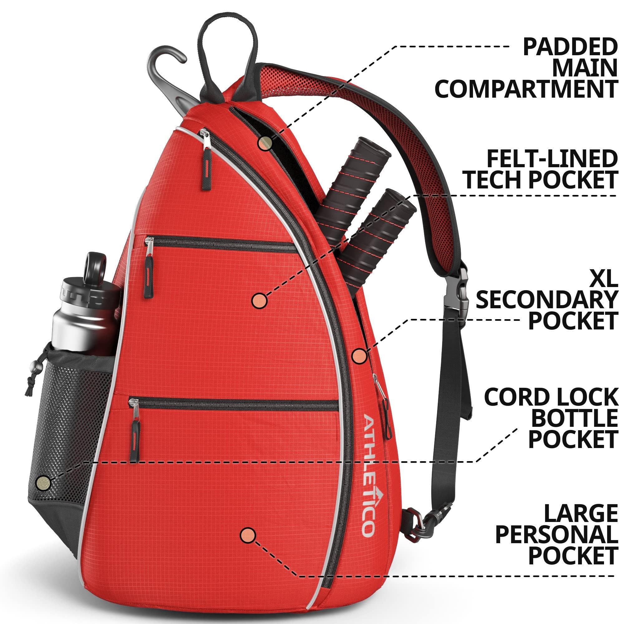 New Athletico Sling Bag - Crossbody Backpack for Pickleball, Tennis, Racquetball, and Travel for Men and Women (Red)