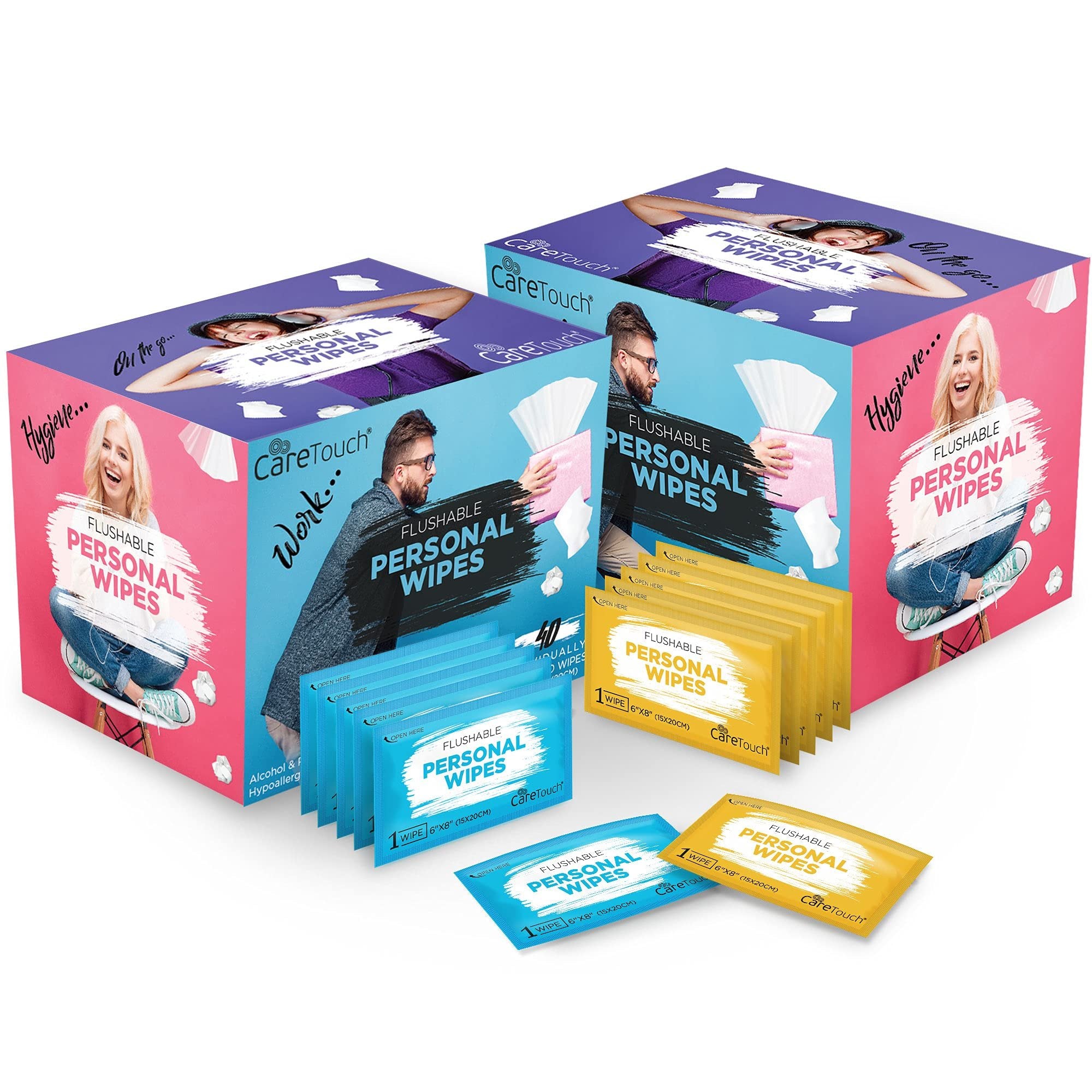 Care Touch Flushable Wipes Kids & Adults - Wet Wipes for Men & Women - Individually Wrapped, Disposable Wet Wipes for Body, Toilet, Bathroom& More - 2 Packs of 40 (80 Individual Wipes, Travel Wipes)