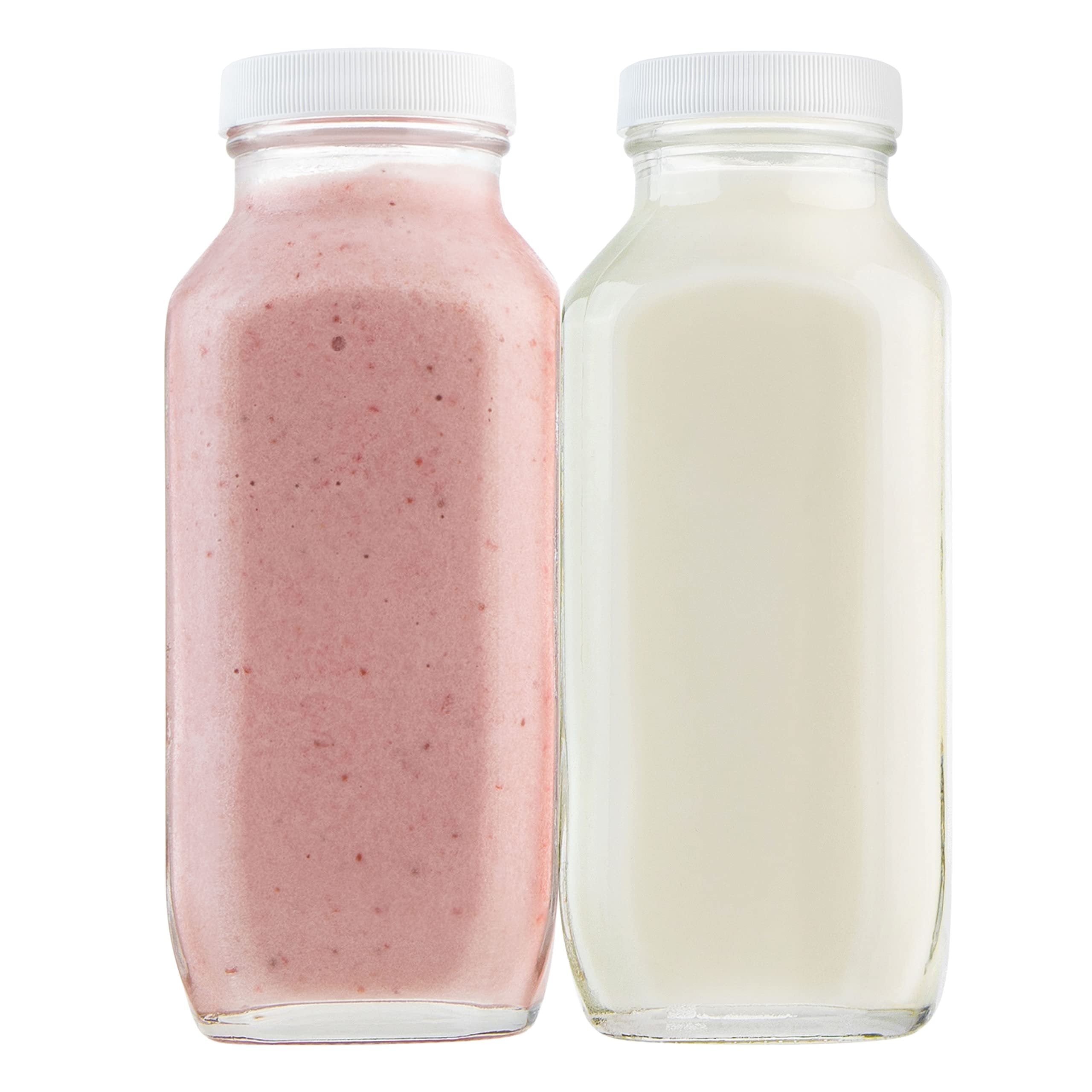 kitchentoolz 16oz Square Glass Milk Bottle with Plastic Airtight Lids - Vintage Reusable Dairy Drinking Jars Containers for Milk, Yogurt, Smoothies, Kefir, Kombucha, and Water- Pack of 2