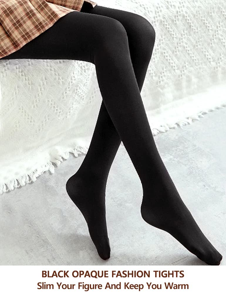VERO MONTE 1 Pair Womens Opaque Fleece Lined Tights Plus Size Pantyhose (BLACK)