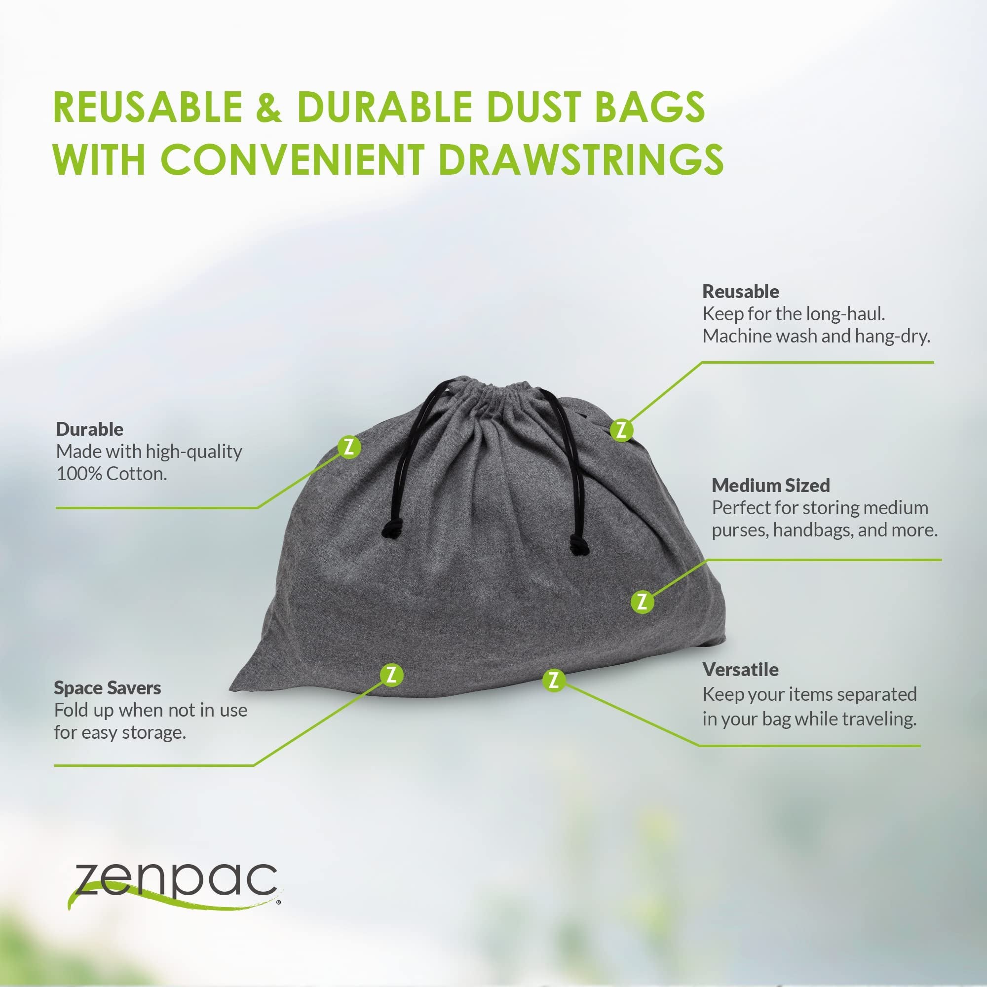 Dust Bags for Purses and Handbags - 3 Pack Drawstring Pouch, Grey Cotton Travel Storage Bags for Luggage, Suitcase, Closet, Purse, Handbag, Shoe, Organization Essentials, Dust Resistant - 18.9x15