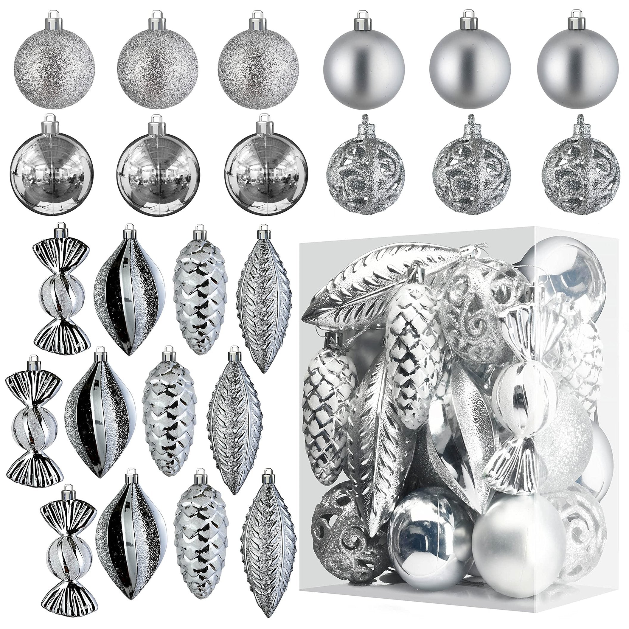 Prextex Christmas Ball Ornaments for Christmas Decorations (Silver) | 24 pcs Xmas Tree Shatterproof Ornaments with Hanging Loop for Holiday, Wreath and Party Decorations