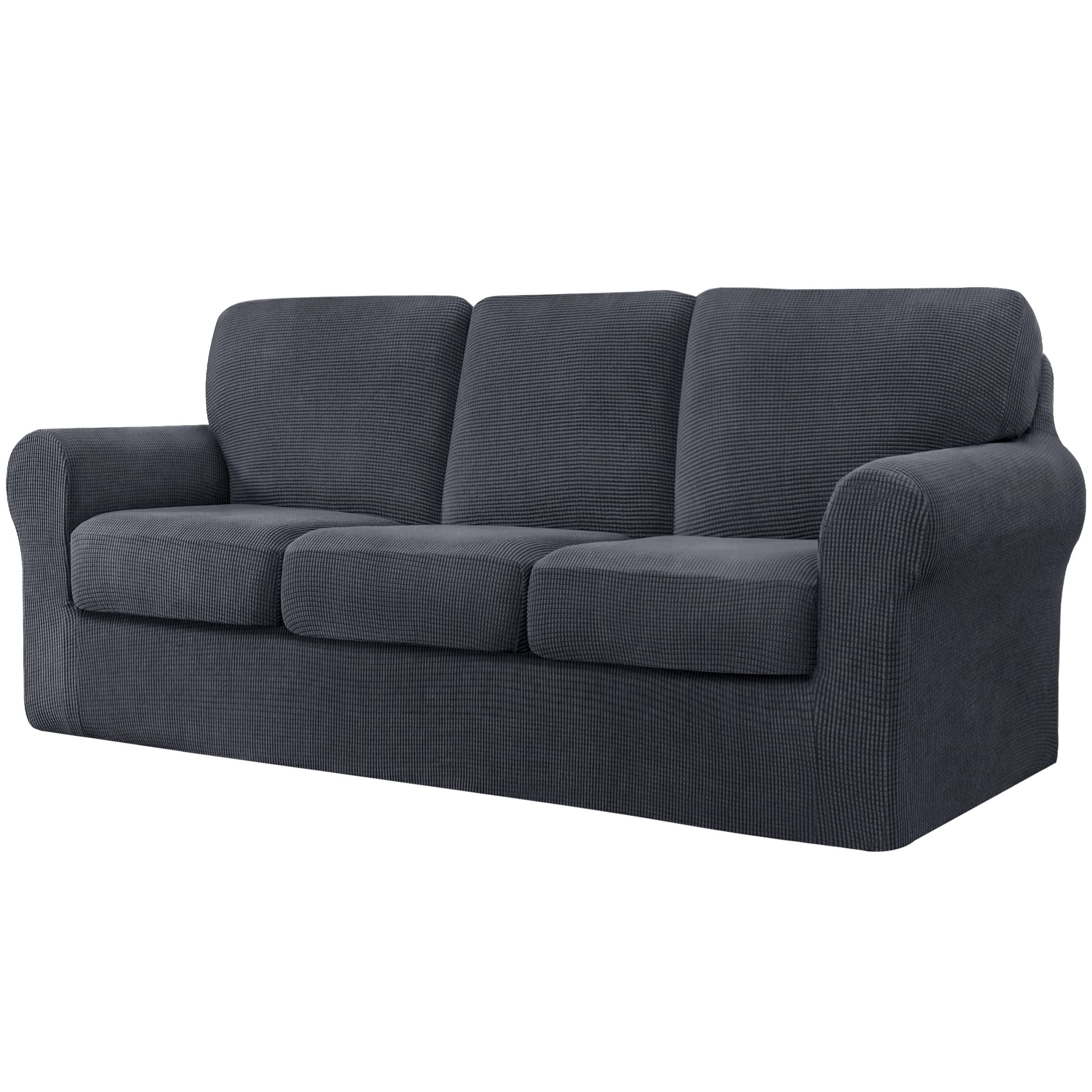 CHUN YI 7 Piece Stretch Sofa Covers for 3 Cushion Couch Covers, 3 Seater Couch Slipcover with 3 Separate Backrests and Cushions with Elastic Band, Spandex Jacquard Fabric(Large, Gray)