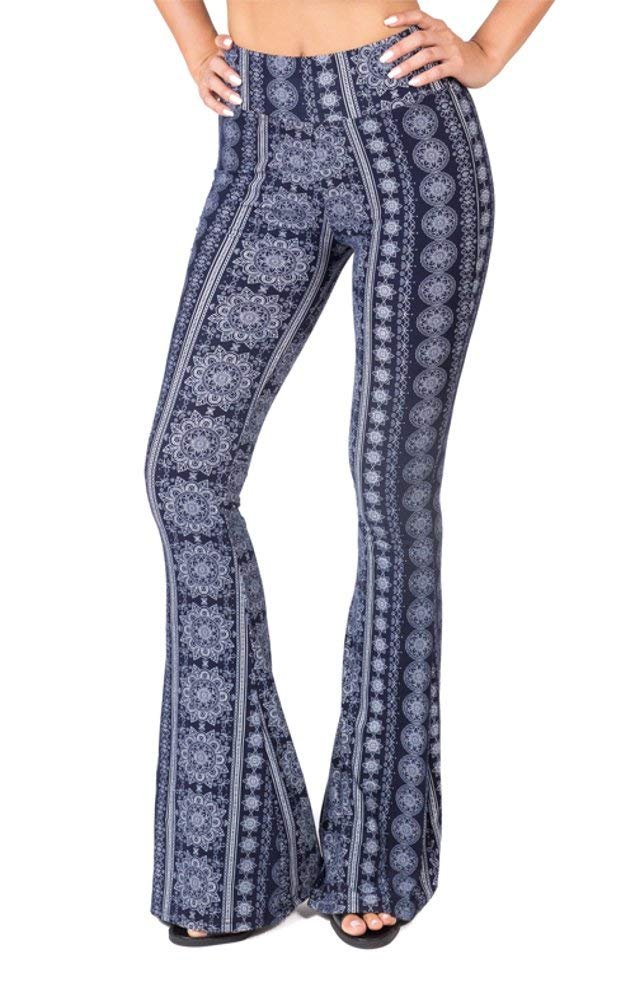 SATINA Womens High Waisted Flare Wide Leg Leggings, Printed & Solid, Reg & Plus, 03 Chakra Blue, XX-Large