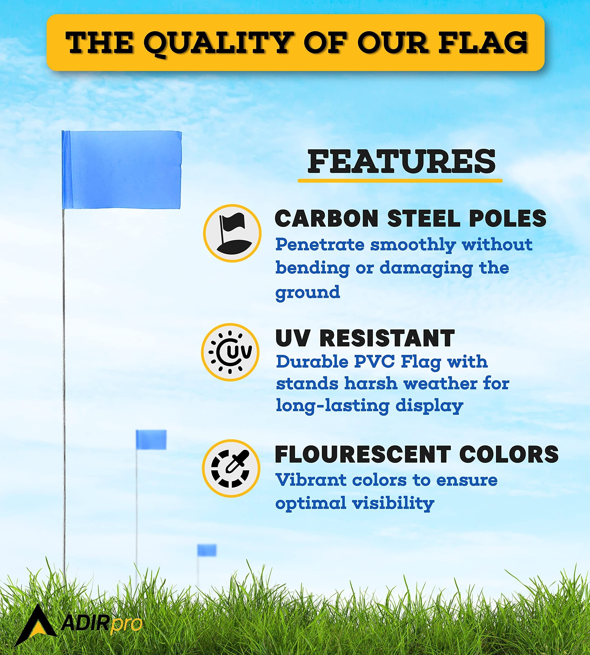 AdirPro Marking Flags 100 Pack - 2"x3" Lawn Flags - Marker Flags - Small & Thin Survey Flags - Flag Markers for Yard - Great for Ground Flags, Lawn Flags, Garden Flag Markers, Boundry Flags (Blue)