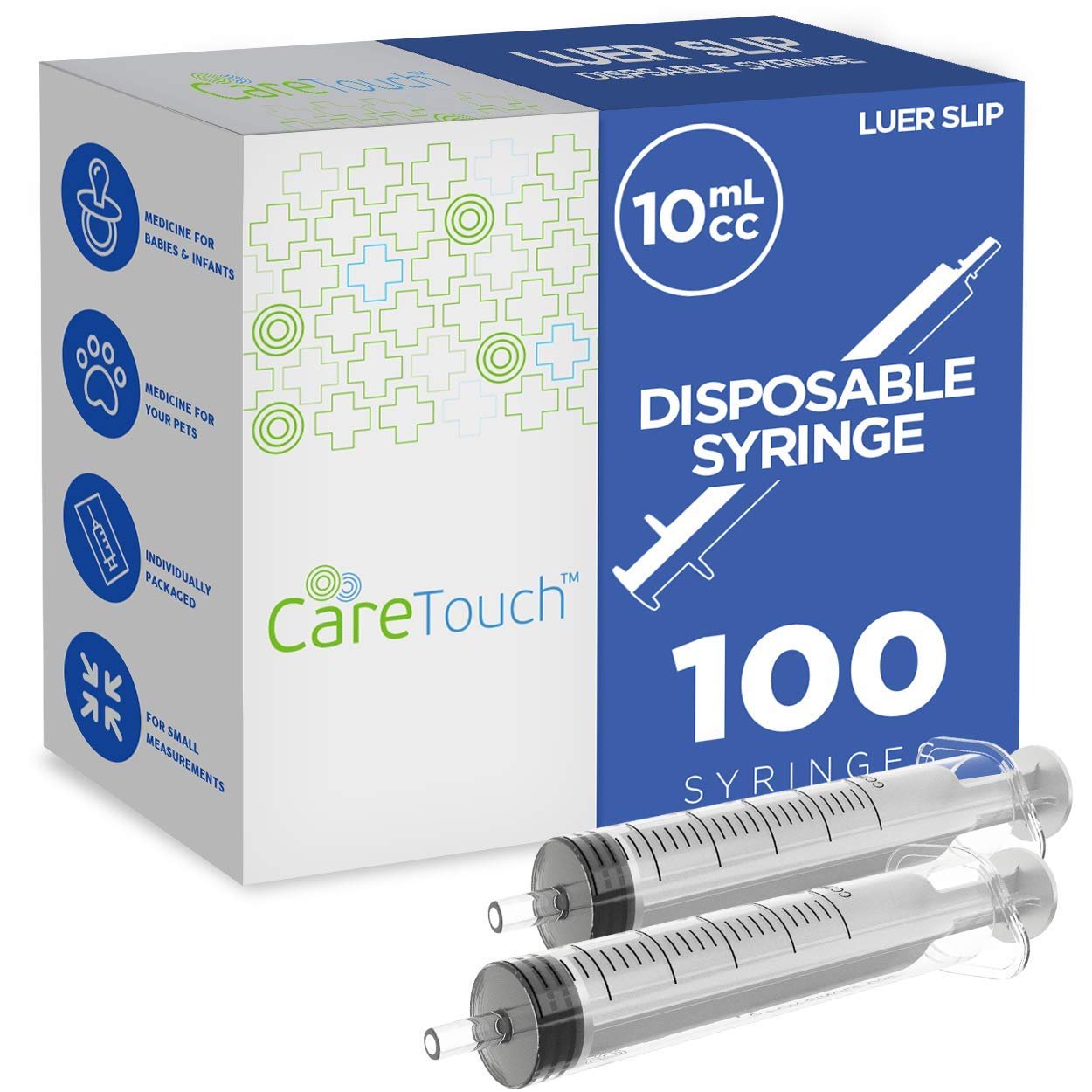Care Touch 10ml Syringe with Luer Slip Tip - 100 Sterile Syringes - No Needle Great for Dispensing Oral Medicine and Home Care