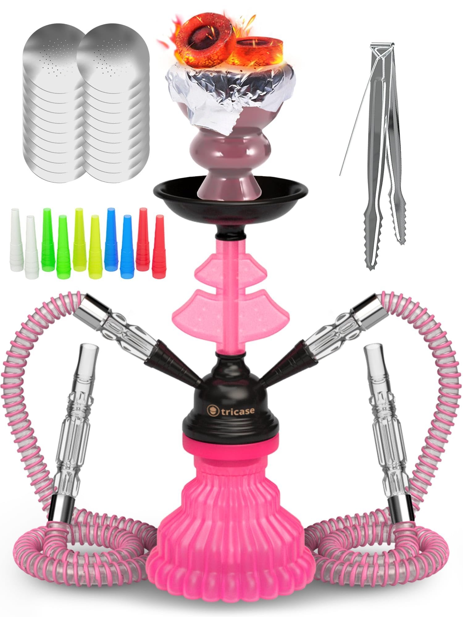 Hookah Set 2 Hose Hookah - LilOne 12” Pink Mini Hookah 2 Hose Hookah Set with 50x Foil Shisha Ceramic Bowl 10x Tips 2x Hookah Hose Tongs Portable Hookah set with everything Hookah Kit