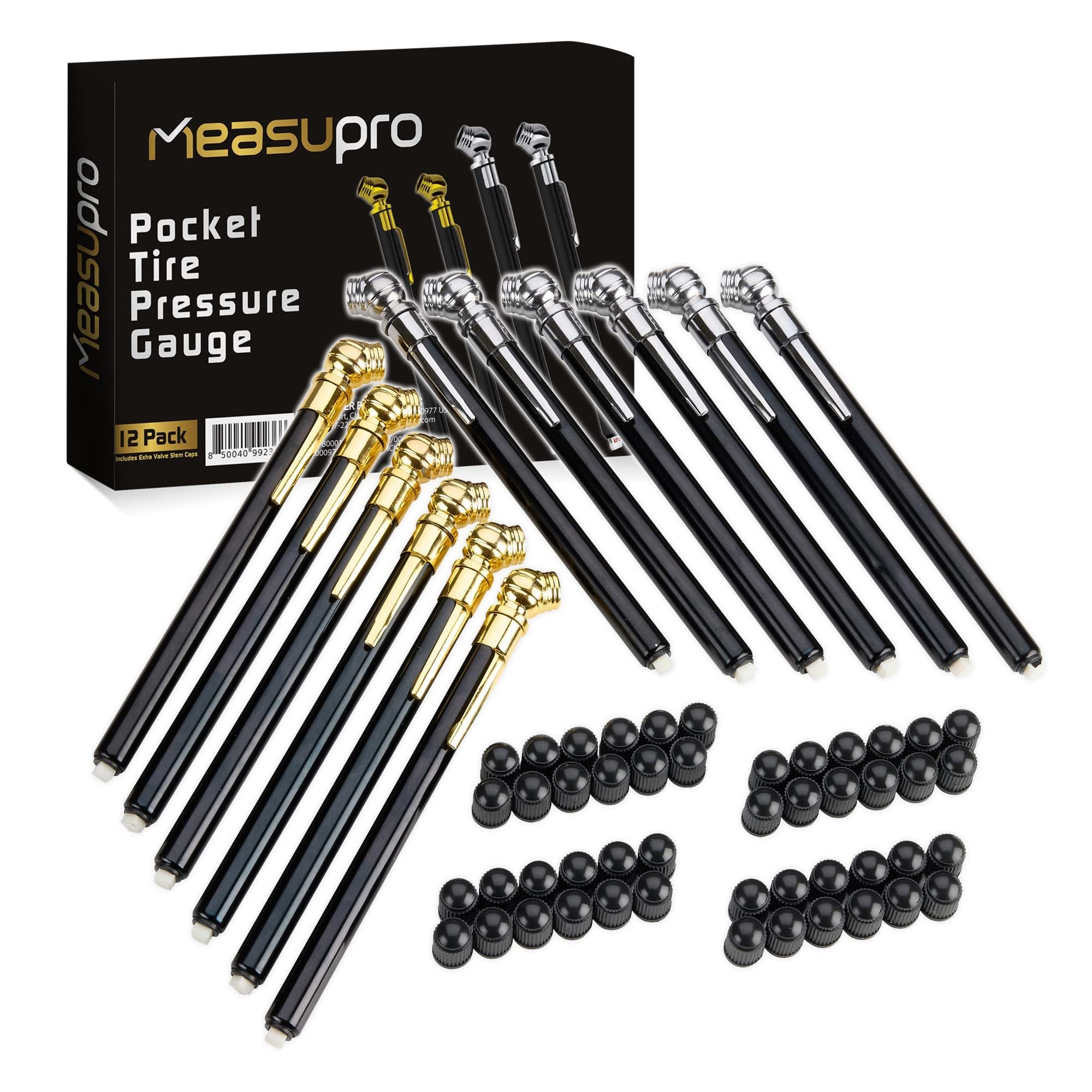 MeasuPro Pencil Tire Pressure Gauge - 12 Pack - Bulk Heavy Duty 0-50 PSI Hard Polymer Pen Mechanical Air Gauge for Cars, Trucks, Motorcycles, Bicycles - for Replacement Roadside Emergency Kit