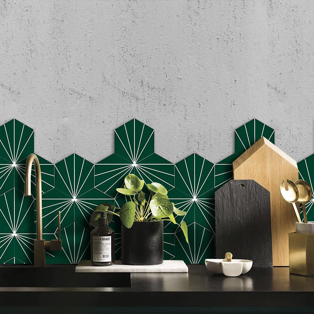 AULIGET Flower Vintage Hexagon Tile Peel and Stick Backsplash, 6"x7" Self Adhesive Wall Tiles in Green (Pack of 45)