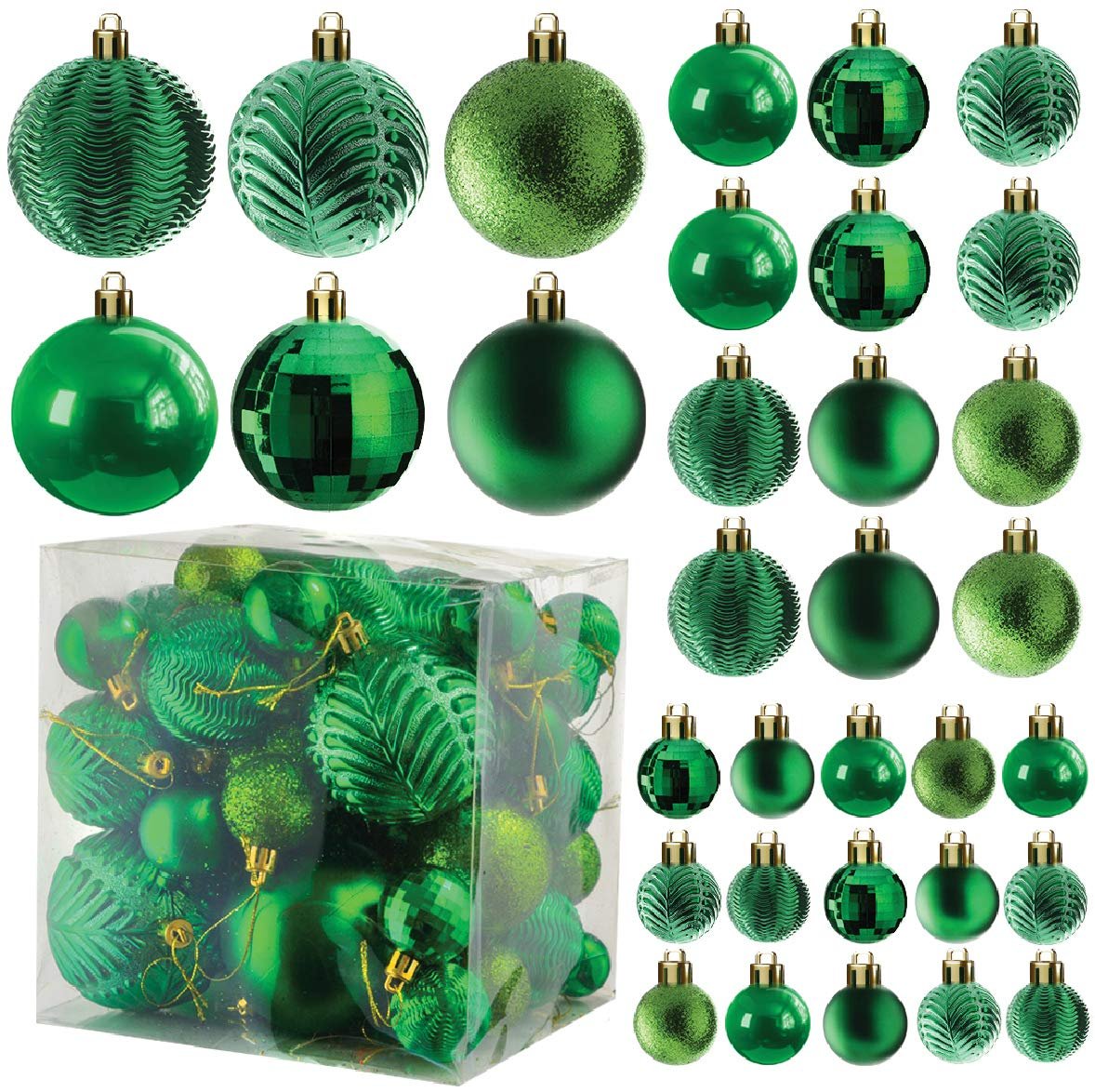 Prextex Christmas Ball Ornaments for Christmas Decorations - 36 pcs Xmas Tree Shatterproof Ornaments with Hanging Loop for Holiday & Party Decorations (6 Styles in 3 Sizes) - Green Christmas Ornaments
