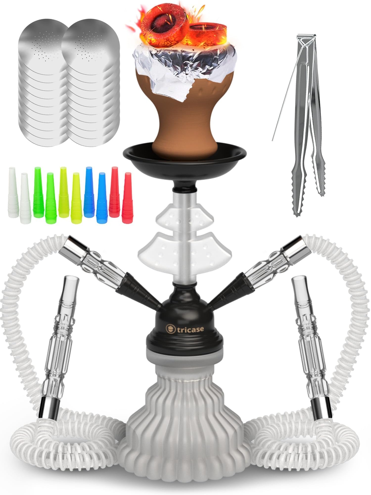 White Hookah Set 2 Hose Hookah - LilOne 12” White Mini Hookah Combo Kit Shisha Hookah Set with Prepunched Foil Hookas Bowl Disposable Tips Mouthpiece Tongs Portable Hookah Pipe - Hookah Machines