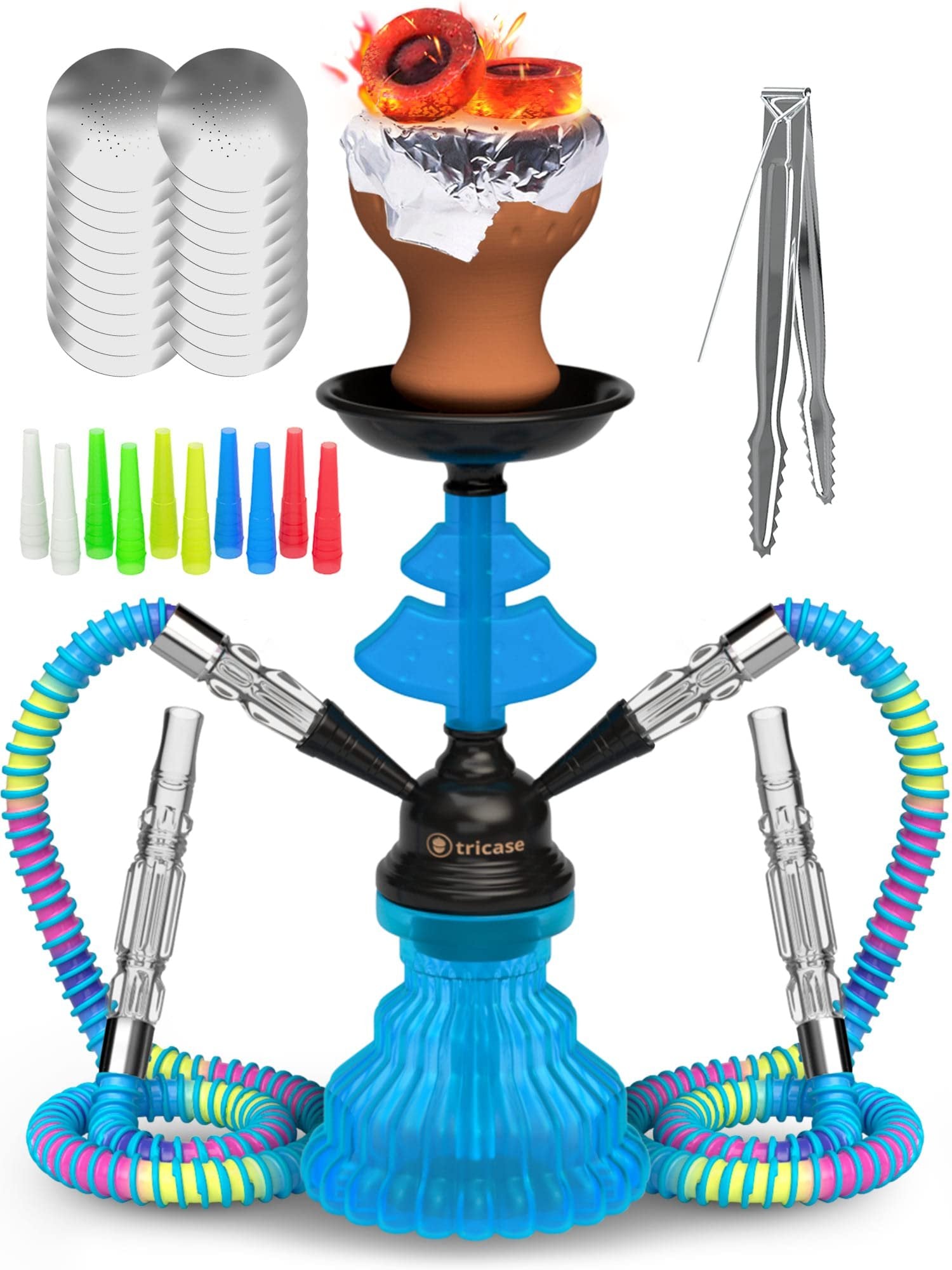 Royal Blue Hookah Set 2 Hose Hookah - LilOne 12” Blue Mini Hookah 2 Hose Hookah Set with 50x Foil Hookah Bowl 10x Tips 2x Mouthpiece 2x Hookah Hose Blue with Tongs Portable Hookah Set With Everything