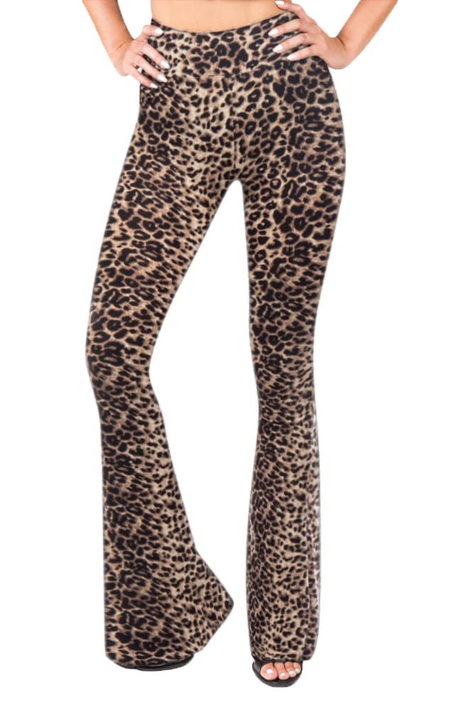 SATINA Womens High Waisted Flare Wide Leg Leggings, Printed & Solid, Reg & Plus, 09 Cheetah, Large