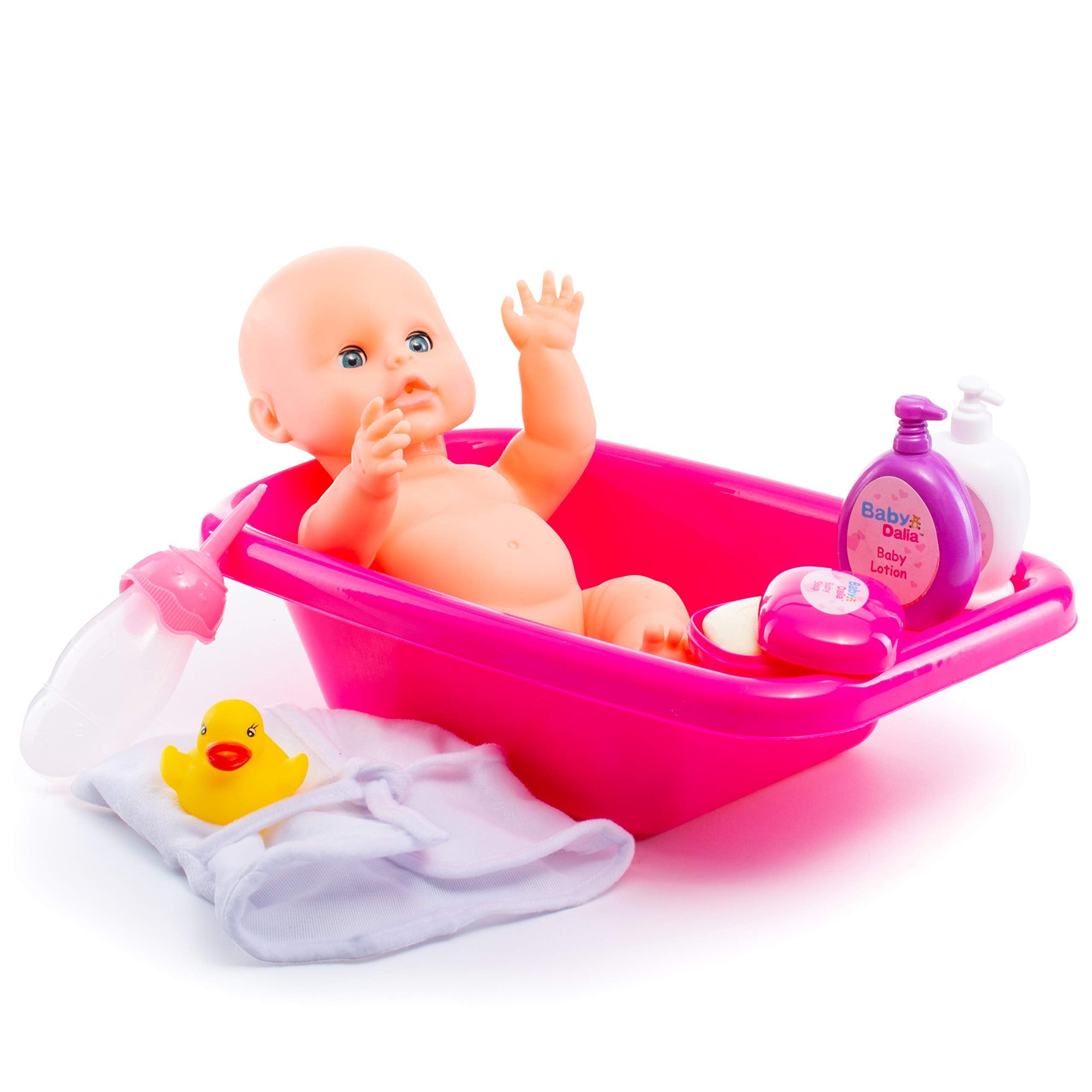 PREXTEX 8 Piece Baby Doll Bathtub Set with Doll, Crib-Shaped Bathtub, Robe and Bath Toys Accessories - Baby Dalia Dolls Bathing Gift Toy Alive-Like Set for Boys and Girls