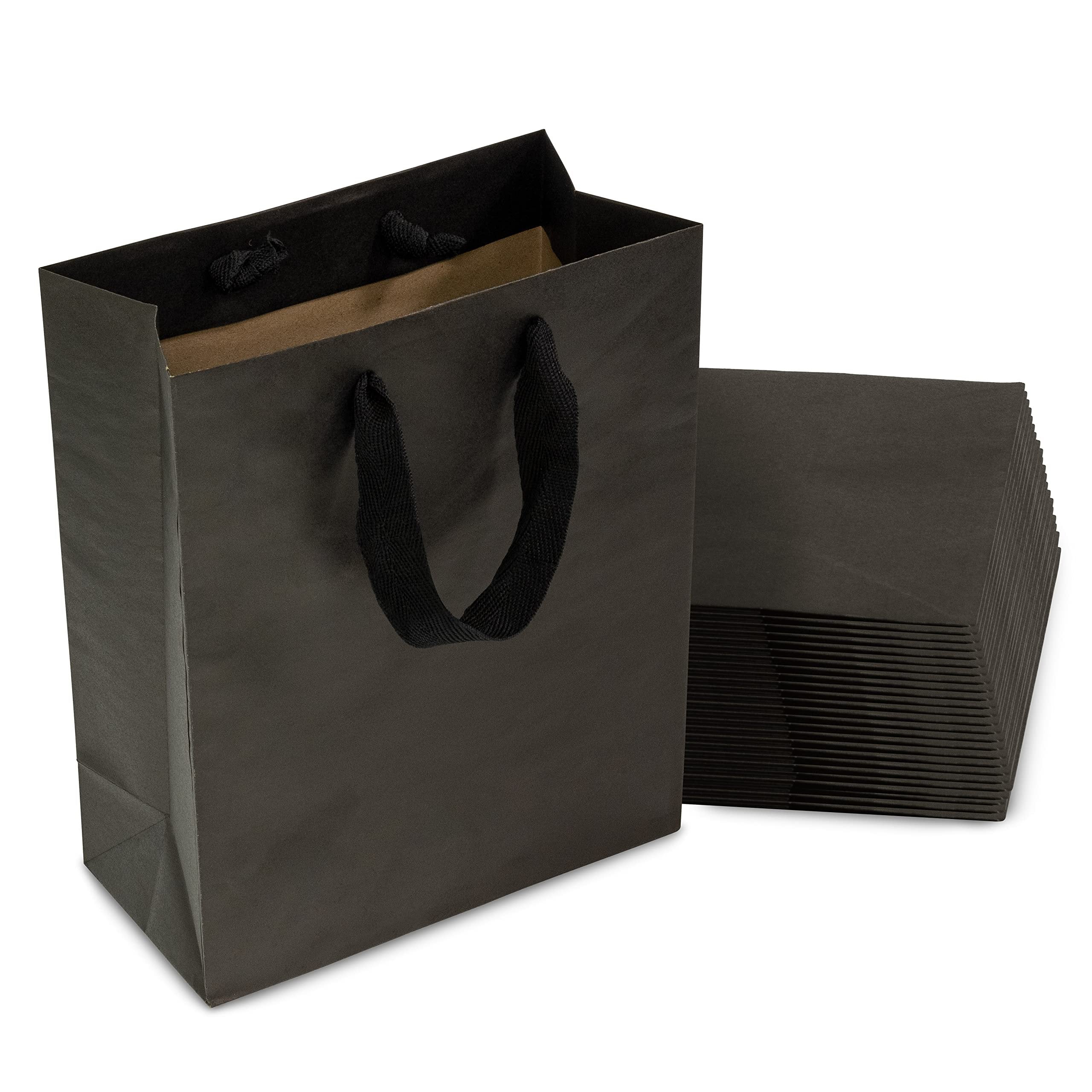 Black Gift Bags with Handles - 8x4x10 Inch 25 Pack Designer Shopping Bags in Bulk, Small Gift Wrap Euro Totes with Fabric Ribbon Handles for Boutiques, Small Business, Retail Stores, Merchandise