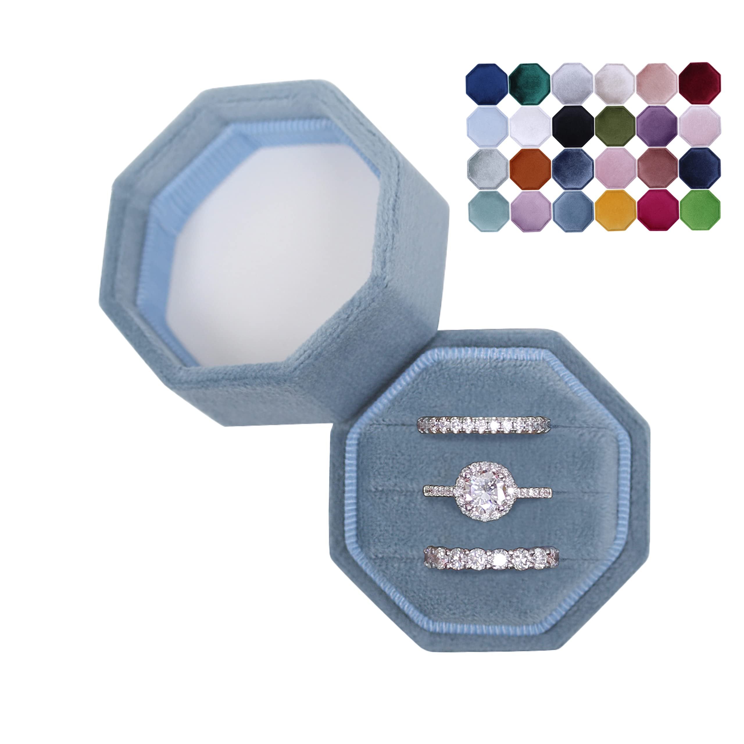 BLUTETE Velvet 3 Slots Jewelry Ring Box Engagement Wedding Box Keepsake Box Bridal Photo Ring Triple Slots Octagon (Ocean Blue)