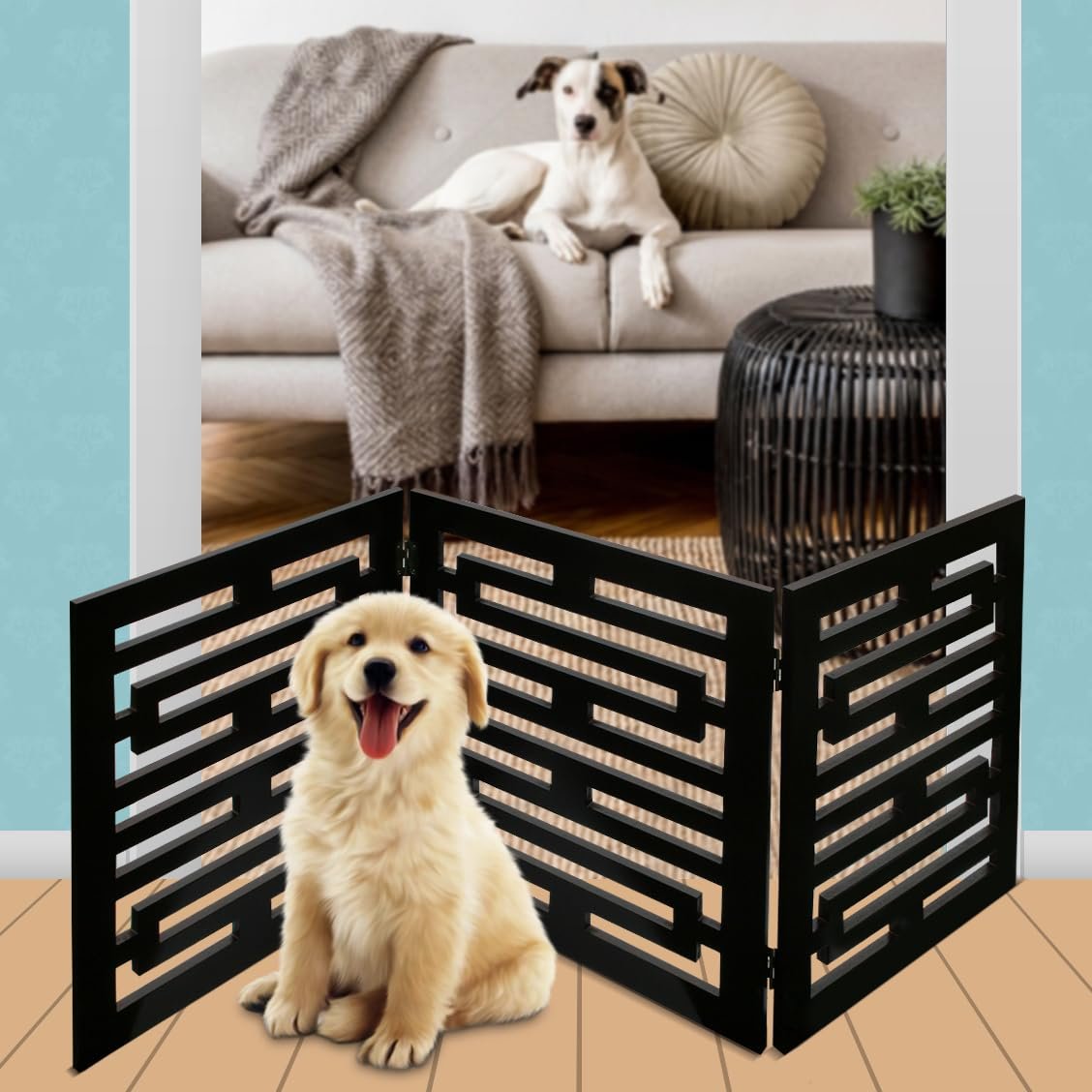 Bundaloo Freestanding Dog Gate Expandable Decorative Wooden Fence for Small to Medium Pet Dogs, Barrier for Stairs, Doorways, & Hallways (Farm Animals - Black