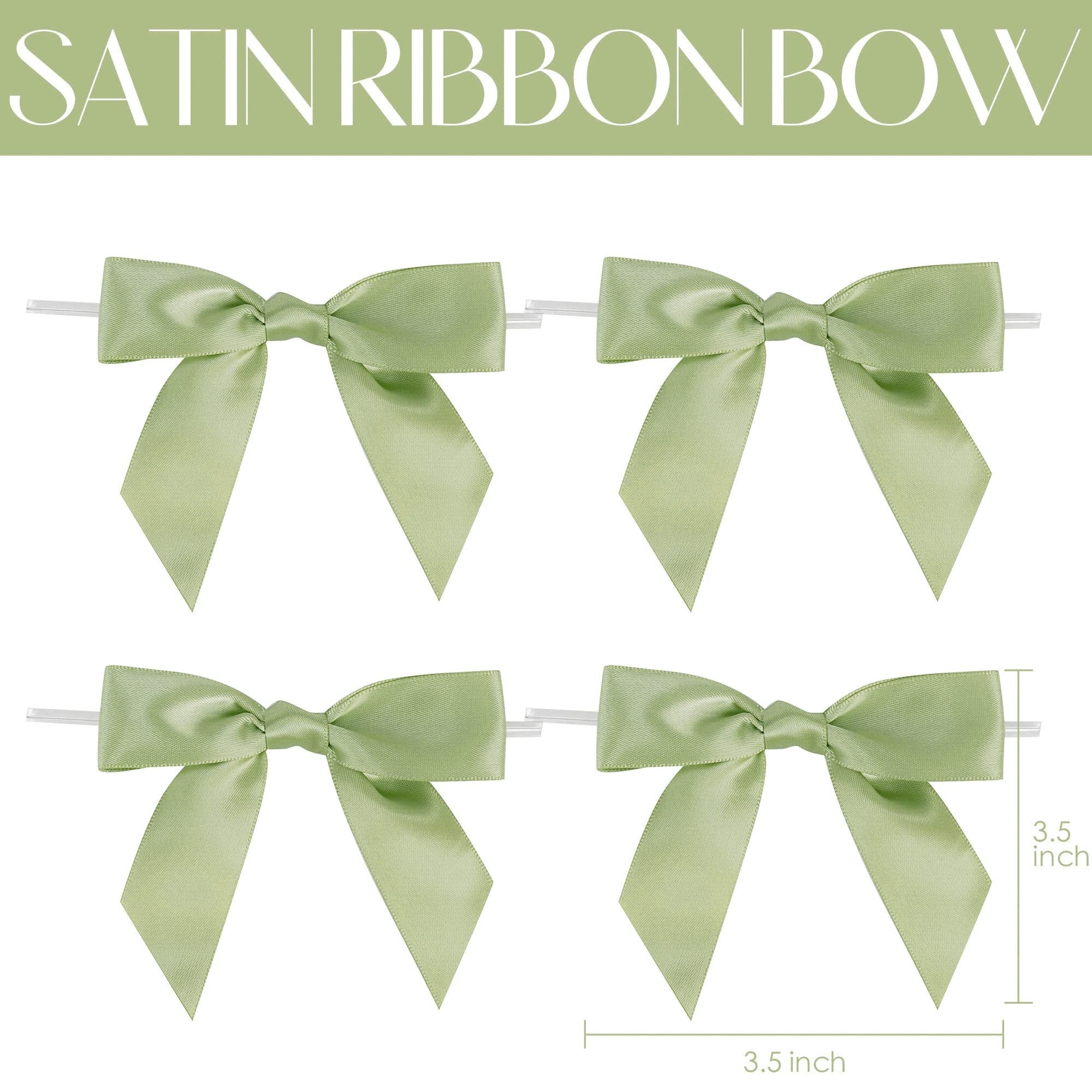 AIMUDI Sage Green Satin Ribbon Twist Tie Bows 3.5" Pretied Bows Premade Bows for Treat Bags Crafts Gift Wrapping Basket Wedding Favors Cookie Candy Bagging Cake Pop Bridal Shower - 50 Counts