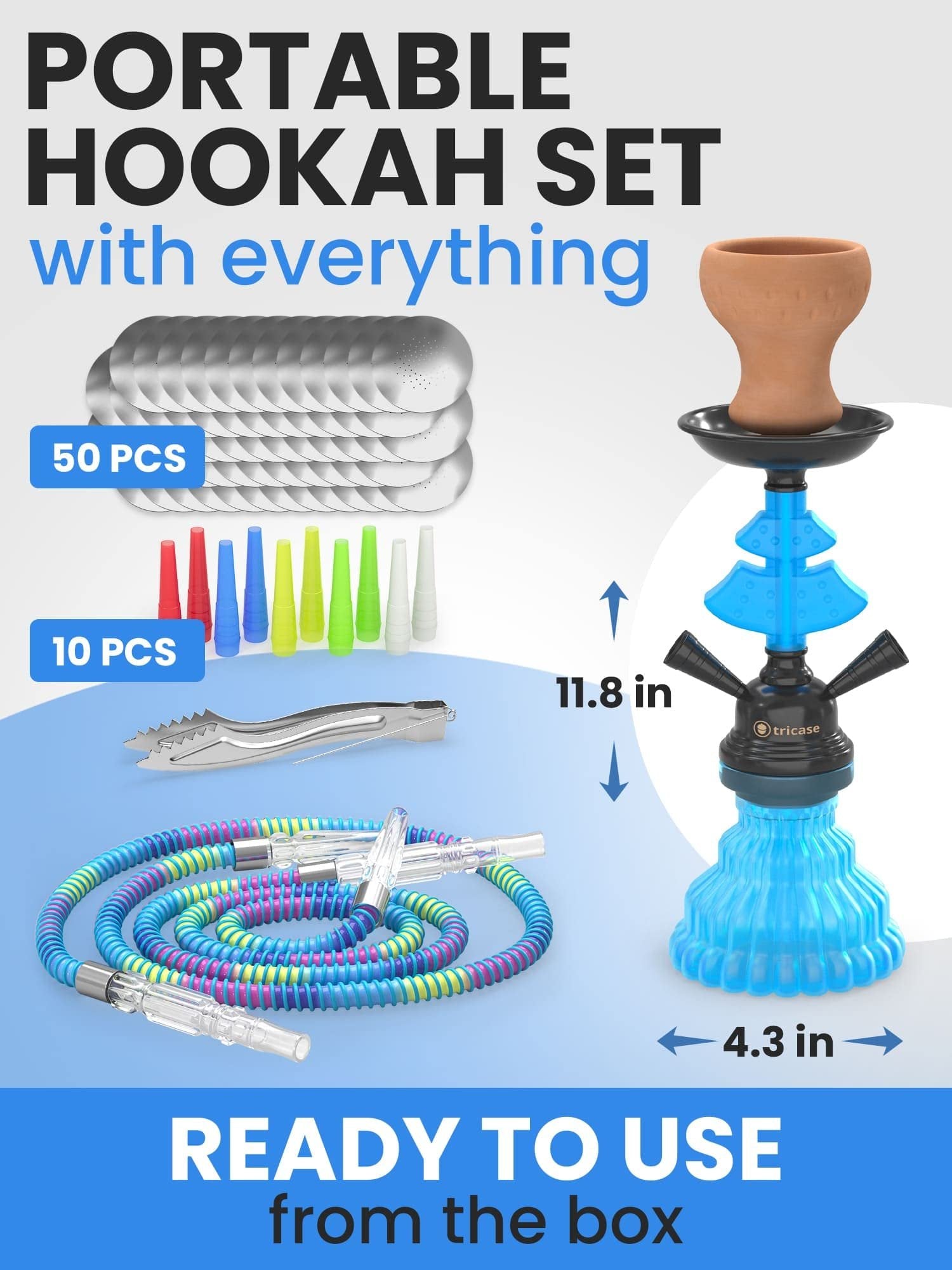 Royal Blue Hookah Set 2 Hose Hookah - LilOne 12” Blue Mini Hookah 2 Hose Hookah Set with 50x Foil Hookah Bowl 10x Tips 2x Mouthpiece 2x Hookah Hose Blue with Tongs Portable Hookah Set With Everything
