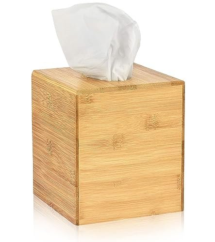 Alpine Industries Wooden Bamboo Square Tissue Box Cover - Eco Friendly Pull Cube Dispenser - Decorative Holder/Organizer for Bathroom, Office Desk & Car (Bamboo)