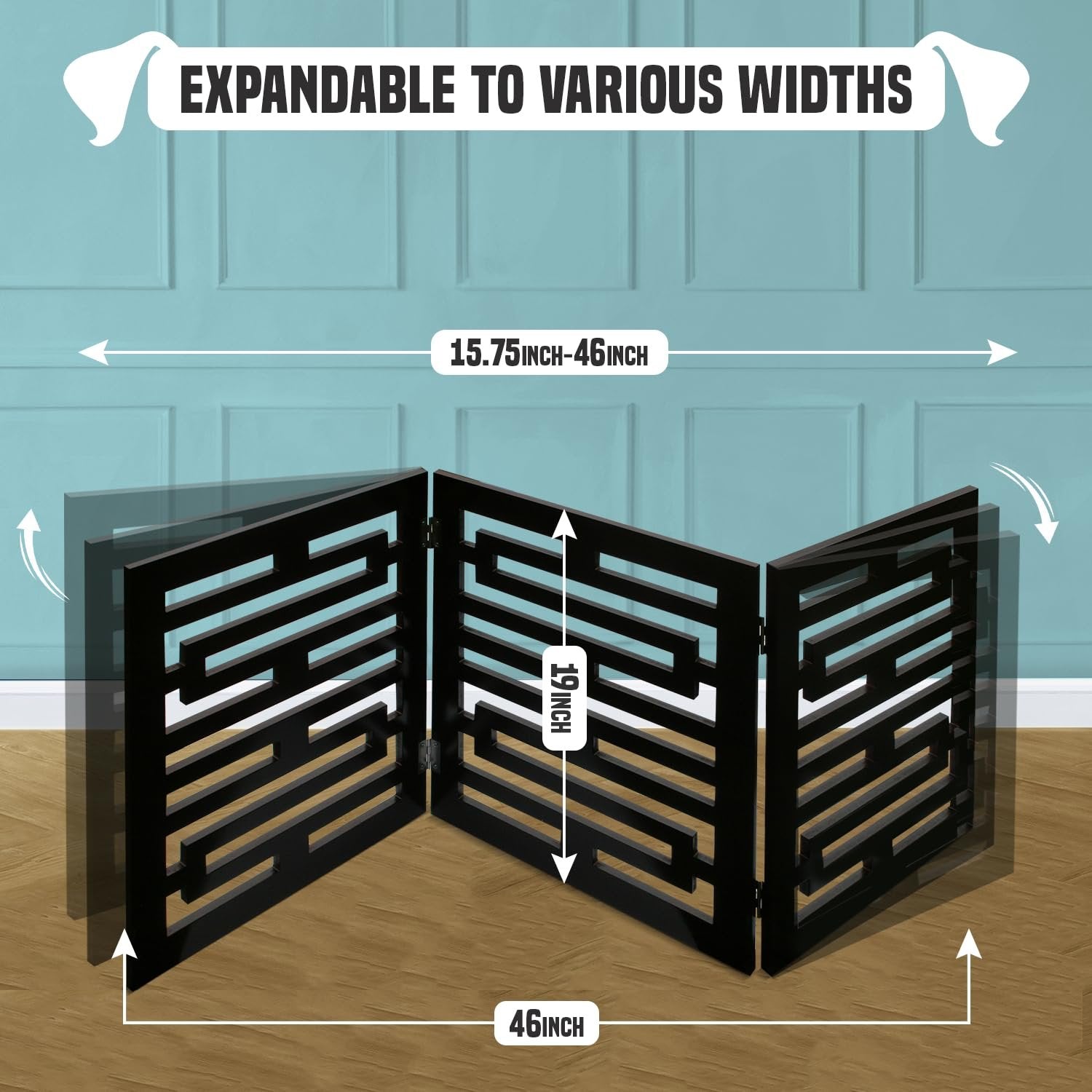 Bundaloo Freestanding Dog Gate Expandable Decorative Wooden Fence for Small to Medium Pet Dogs, Barrier for Stairs, Doorways, & Hallways (Farm Animals - Black