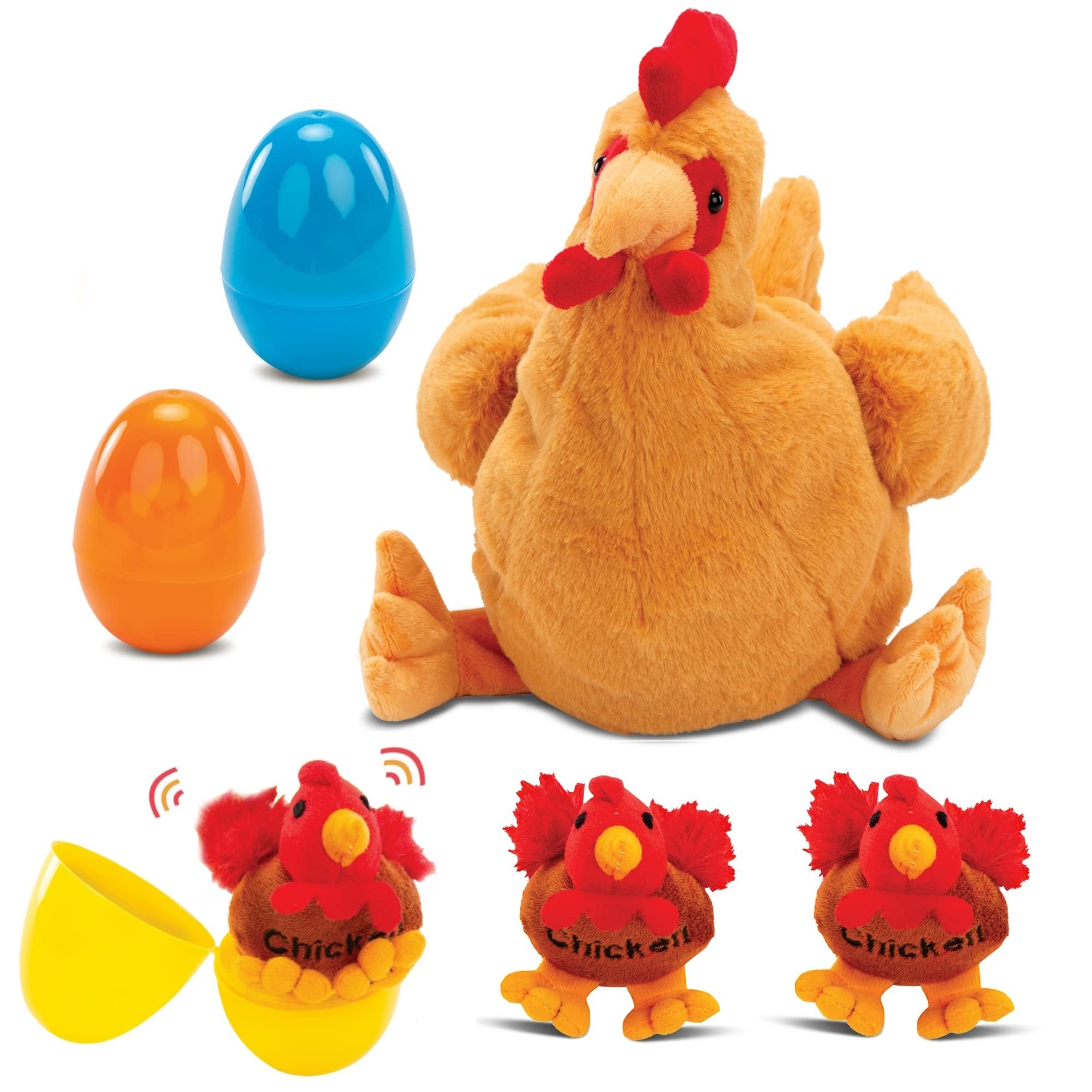 Bundaloo Plush Mother Chicken Hen and Baby Chicks with 3 Colorful Plastic Eggs Playset with Sound and Storage Pouch