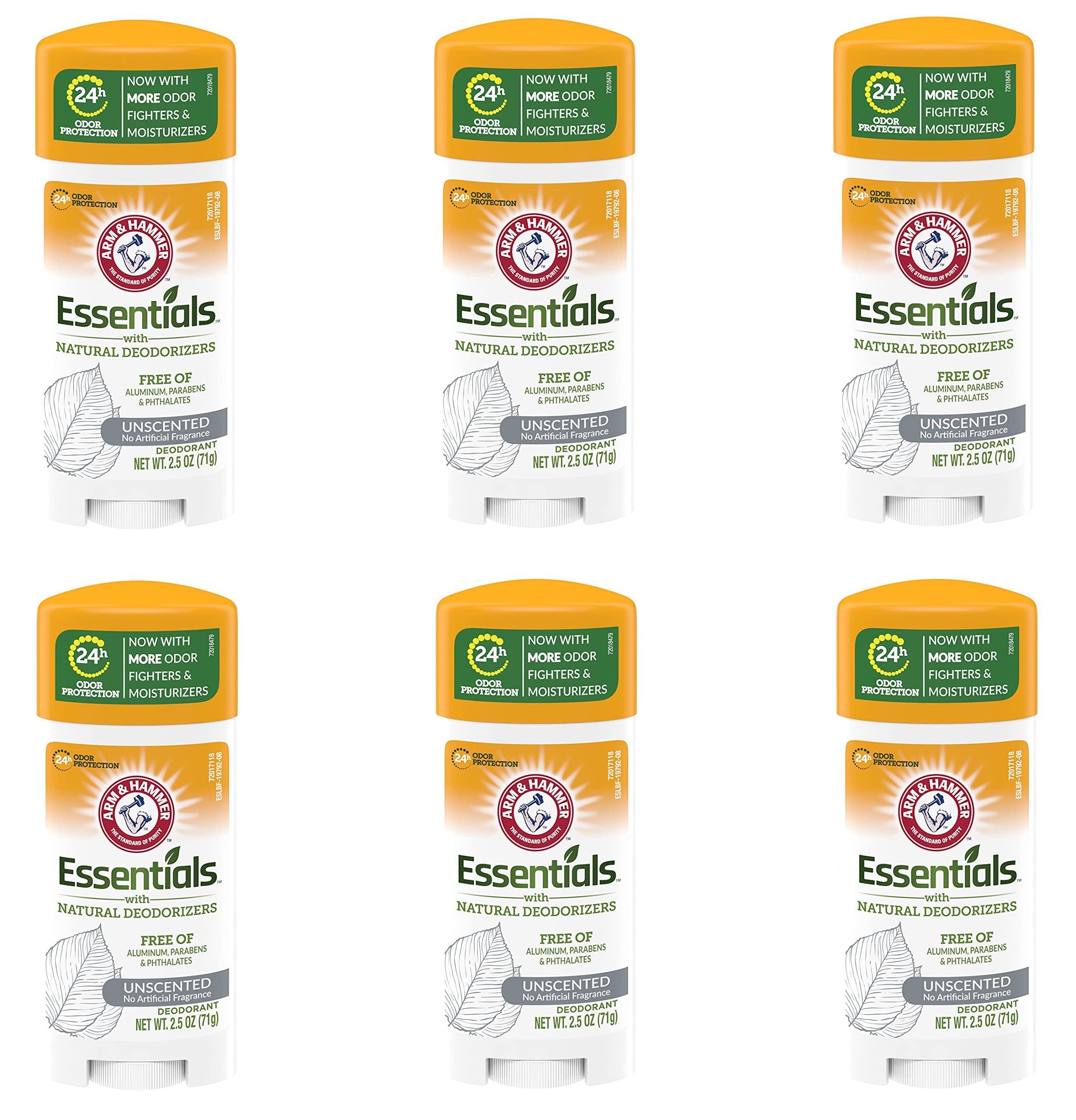 Arm & Hammer Essentials Solid Deodorant, Unscented,2.5 oz, 6 Count