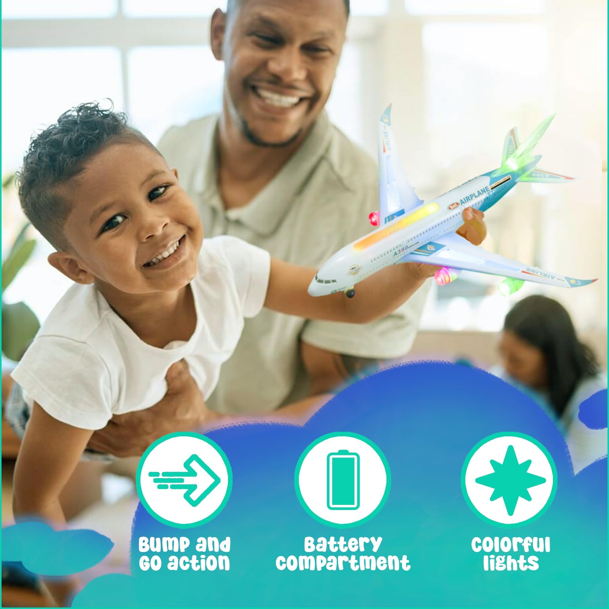 Zetz Brands Bump and Go Airplane Toy - Toy Airplane with 4D Lights - Kids Airplane Toys with Reflecting Lights and Sound - Realistic Model Airplane for Boys and Girls 3-12 Years Old