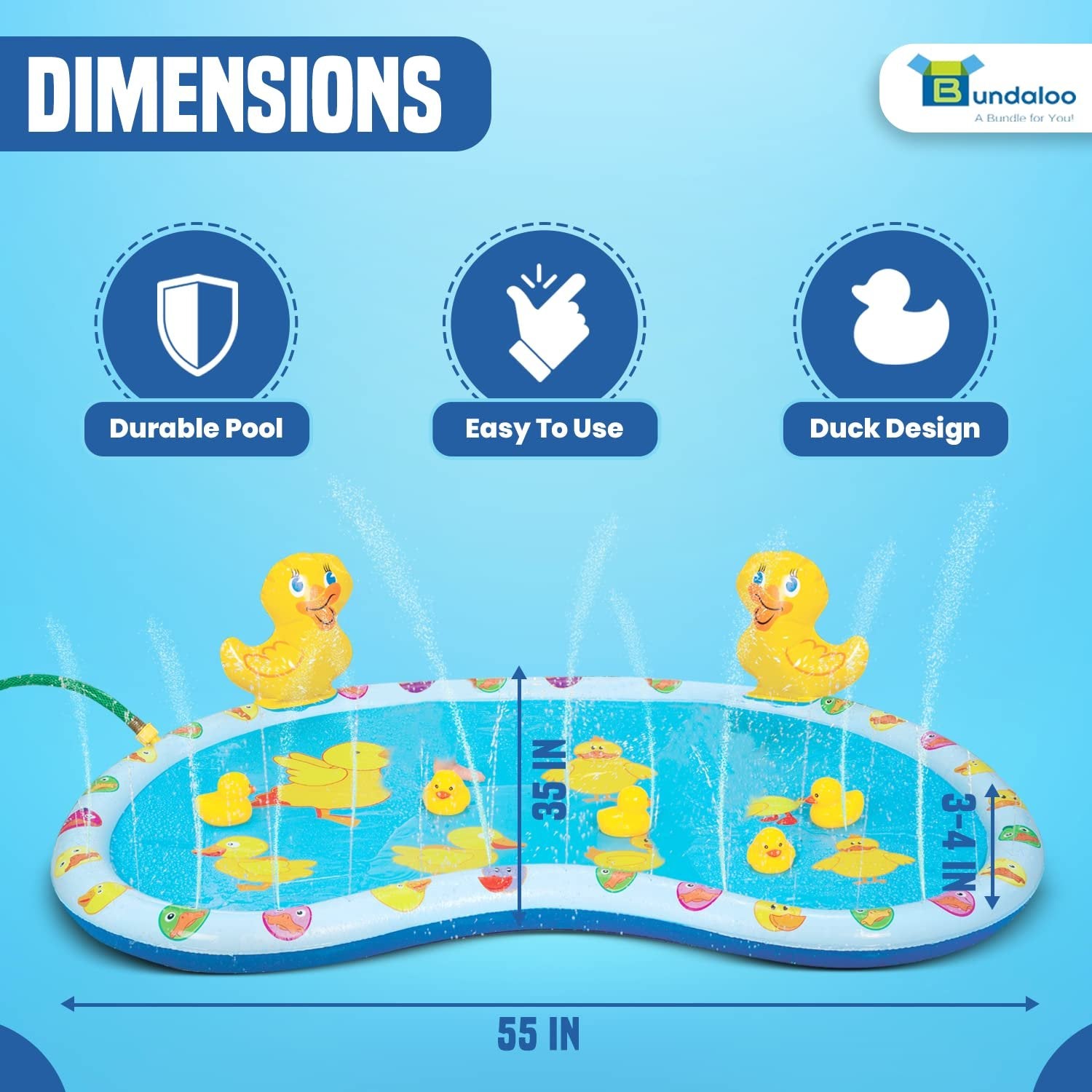 Bundaloo Baby Splash Pad Sprinkler with 4 Rubber Duck Toys - Fun Kiddie Pool Mat for Babies and Toddlers with Universal Garden Hose Connection