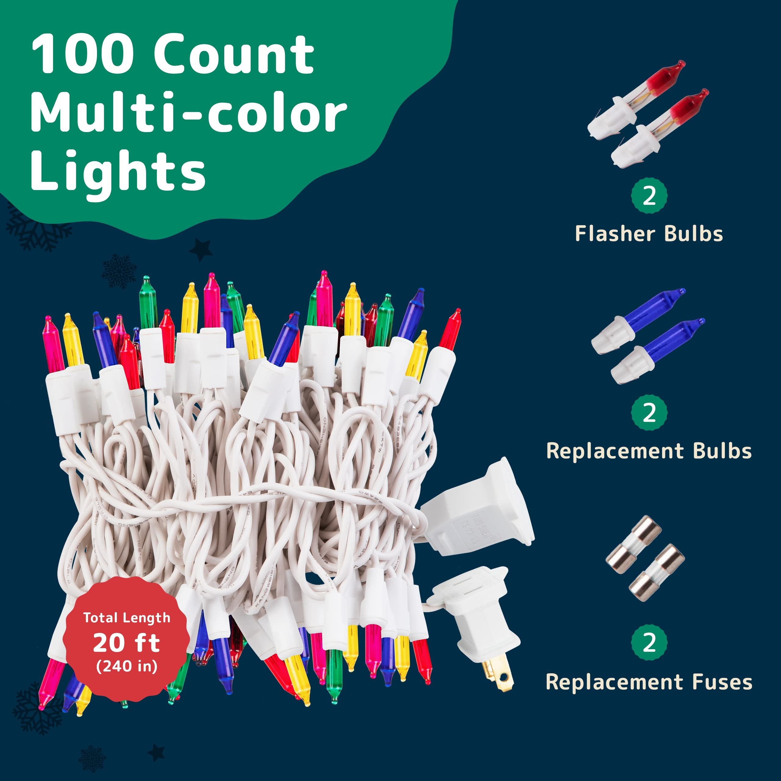 PREXTEX Bright & Colorful Christmas Lights (20 Feet, 100 Lights) - Fall Decor & Christmas Tree Lights with White Wire - Indoor/Outdoor String Lights - Multi-Color Twinkle Lights
