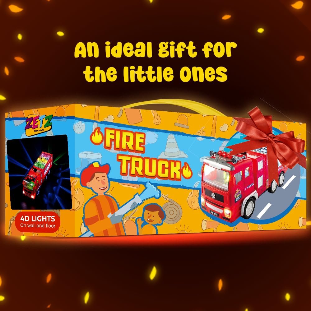 Zetz Brands Fire Truck Toy for Boys, Girls, Kids, w/ 4D LED Lights, Toddlers - Age 3+ Fire Engine Push Toy Car for Little Fireman Real Firetruck Siren Sound, Bump & Go - Ideal Gift