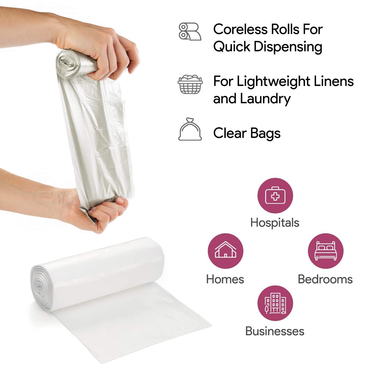 20-30 Gallon Clear Garbage Can Liners, 50 Count - Medium - Large Trash Can Liners - High Density, Thin, Lightweight, 10 Microns - For Office, Home, Hospital, Wastebaskets - 2 Coreless Rolls